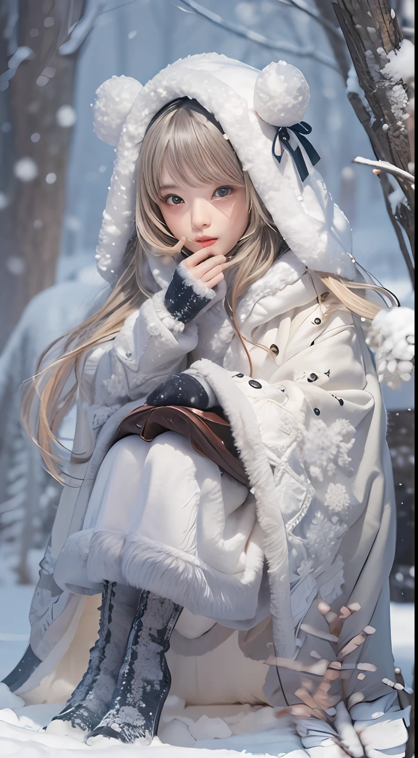 ((Works of masters)),(超高分辨率),1 girl, Sitting, ta costume,Cloak (Snow, Outdoor activities in winter:1.2),