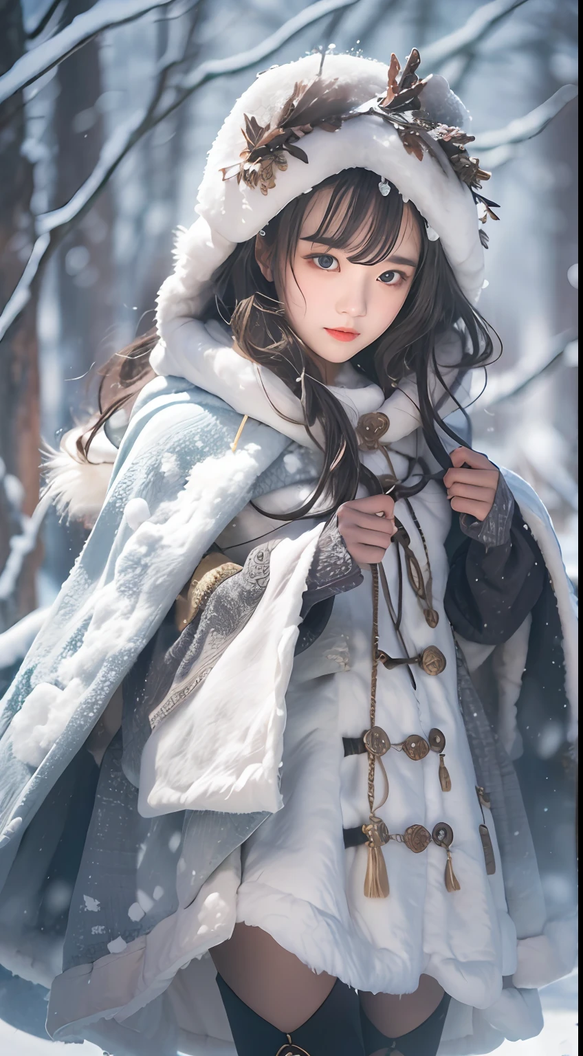 ((Works of masters)),(超高分辨率),1 girl, run, Lolita costume,Cloak (Snow, Outdoor activities in winter:1.2),