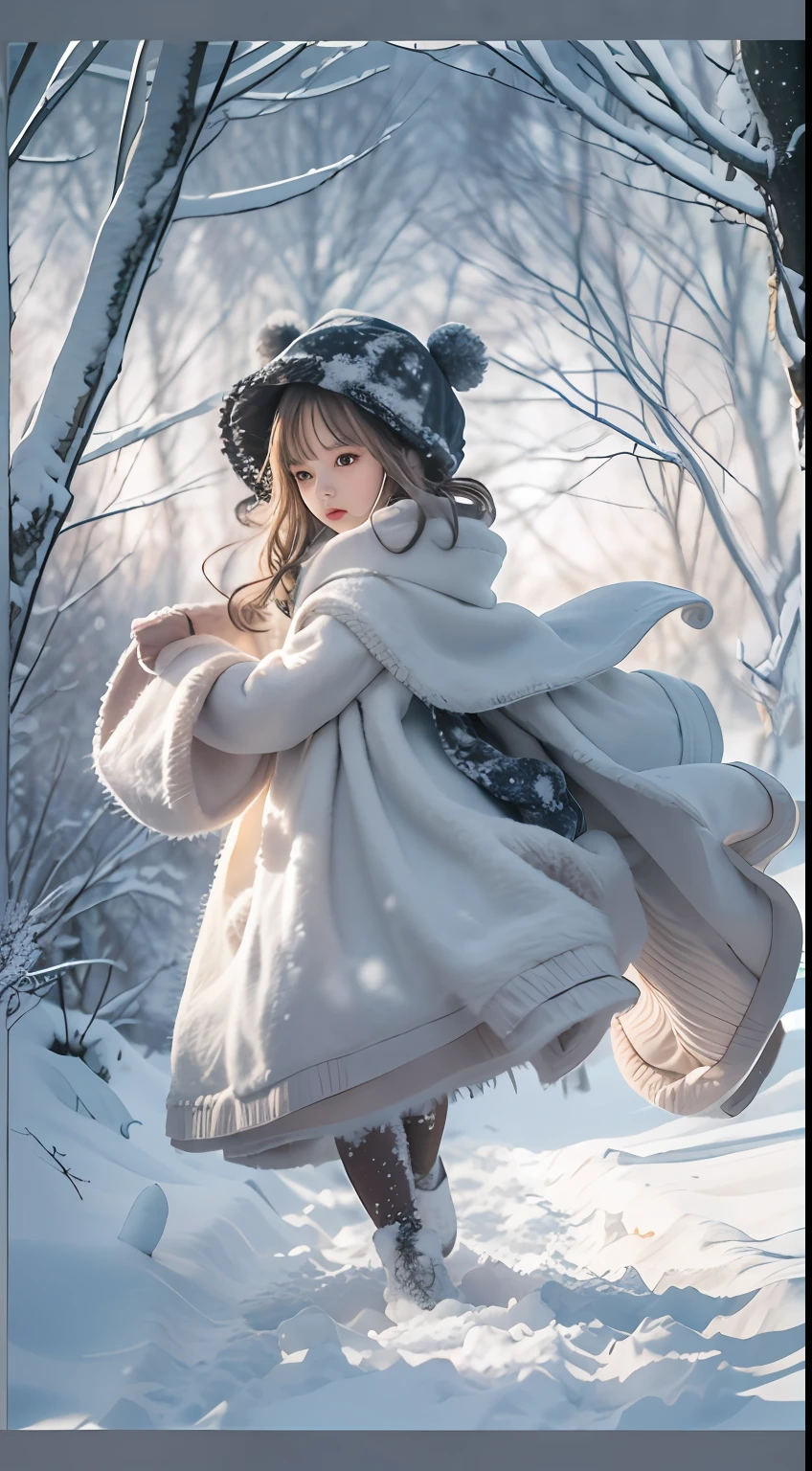 ((Works of masters))，(超高分辨率)，1 girl, run, Lolita costume，Cloak (Snow, Outdoor activities in winter:1.2),