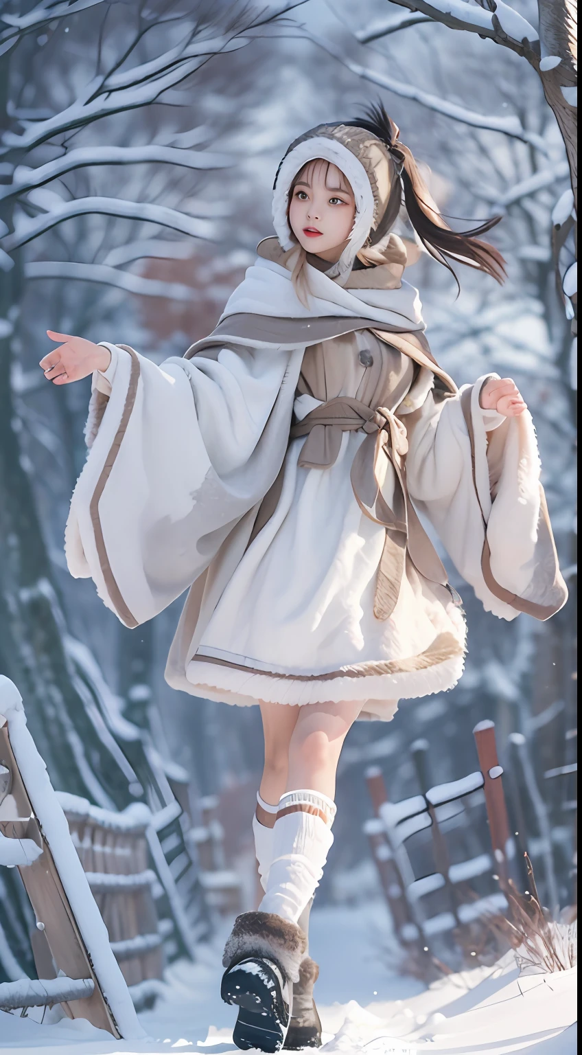 ((Works of masters))，(超高分辨率)，1 girl, run, Lolita costume，Cloak (Snow, Outdoor activities in winter:1.2),