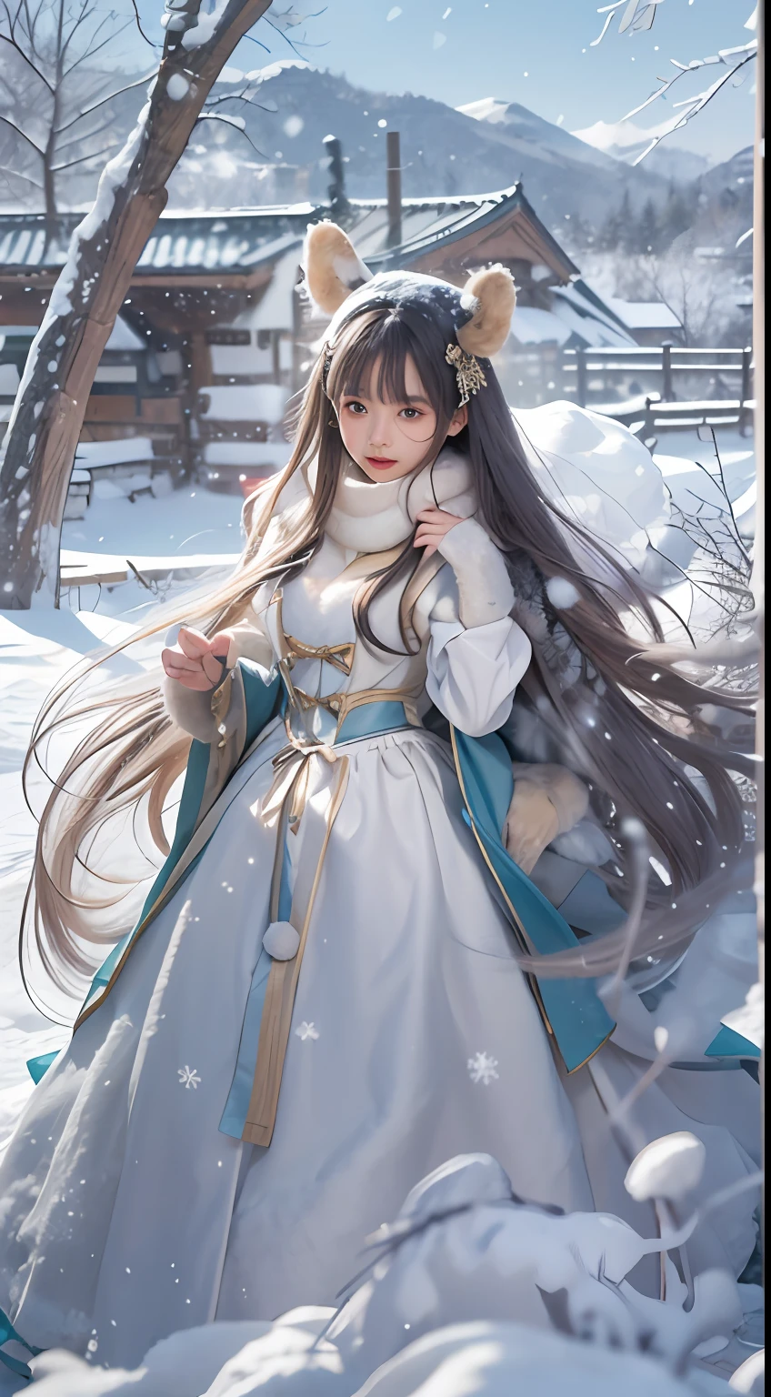 ((Works of masters)),(超高分辨率),1 girl, Run, ta costume,Cloak (Snow, Outdoor activities in winter:1.2),