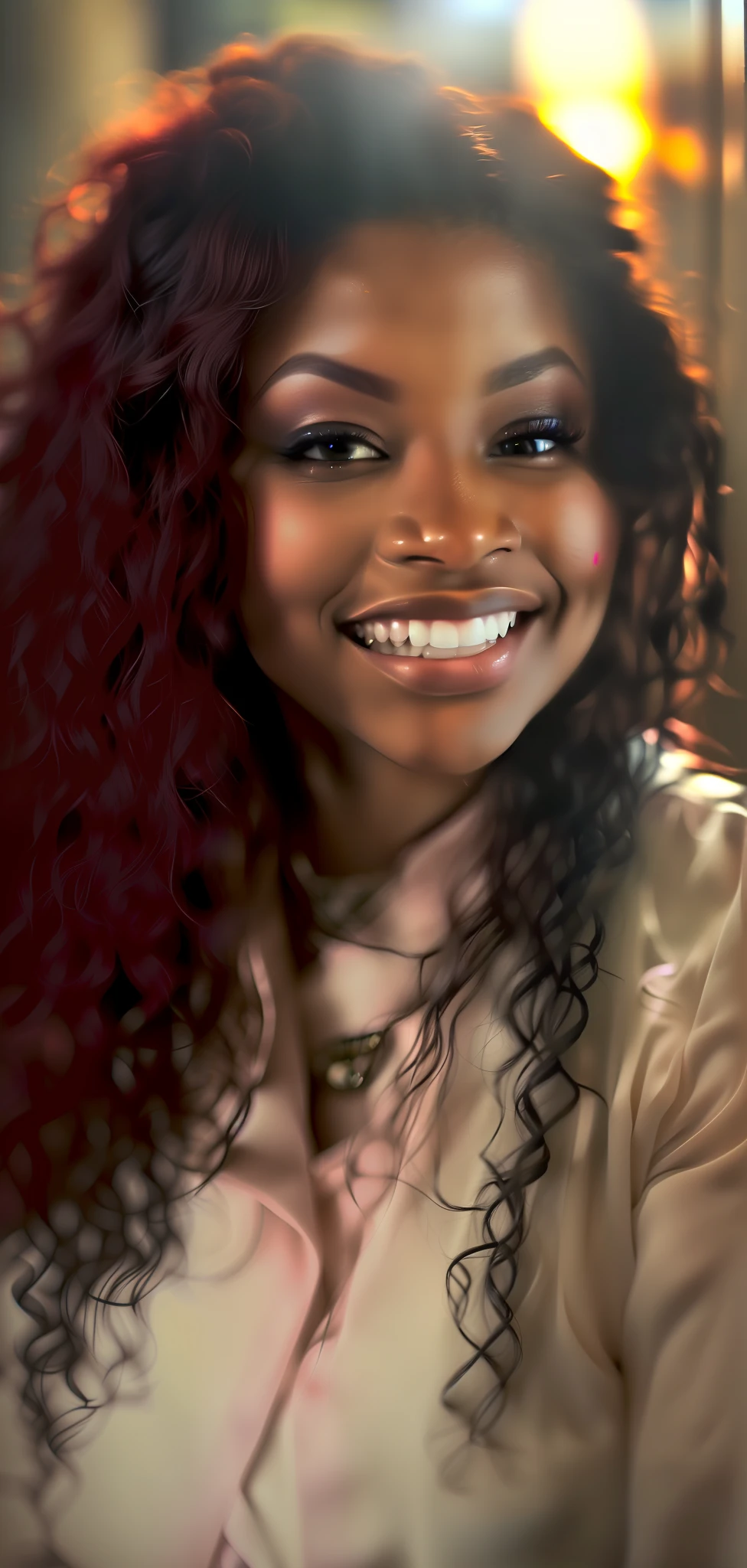 mulher sorridente com cabelo cacheado sentada em frente a um espelho, foto de perfil, taken in the early 2020s, foto de perfil headshot, foto do perfil, foto de uma mulher negra, taken in the late 2010s, imagem de perfil, medium close up portrait, Aida Muluneh, foto do snapchat, Alana Fletcher, Amanda Clarke, Anos Imane
