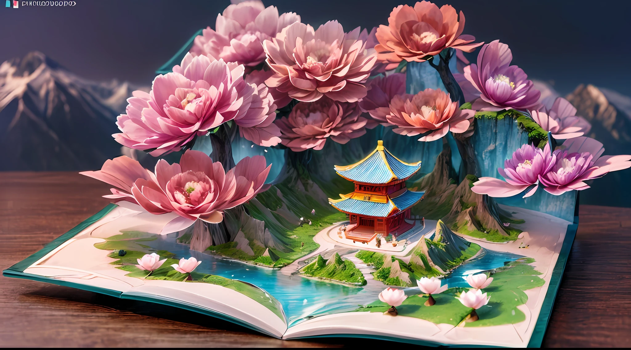 (isometric,popup book:1.5),(Chinese Scenery in Spring,peonies,Sun, white clouds, mountains, forests, rivers,Oriental elements),(3d, extremely colorful, Best quality, Detailed details, Masterpiece, offcial art, movie light effect, 4K, Chiaroscuro)