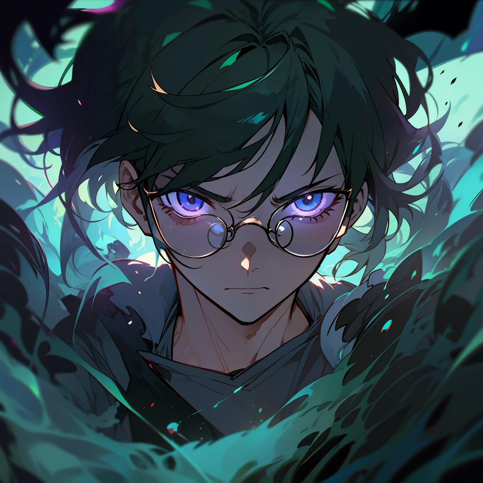 solo, male, anime character with black framed glasses and black hair, apathetic, bored expression, spirit bodies silhouettes behind character glowing, dynamic lighting