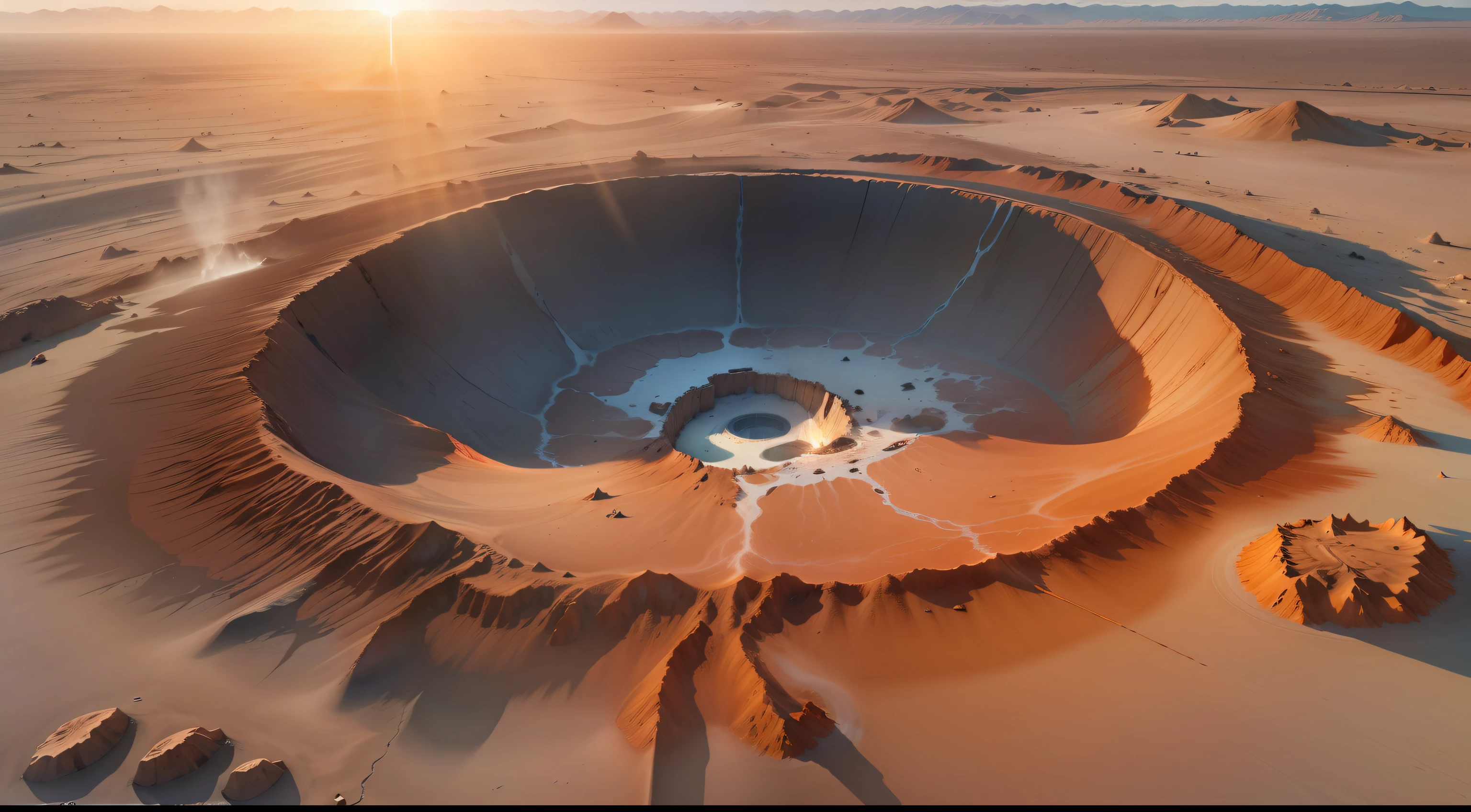 aero view, natural ilumination, sunrise, A crater in the ground caused by the recent detonation of an atomic bomb. The crater measures 10 meters in diameter and is 3 meters deep, the ground is still steaming and the sand around the crater has suffered the effect of calcination getting the appearance of glass, 4k, HDR