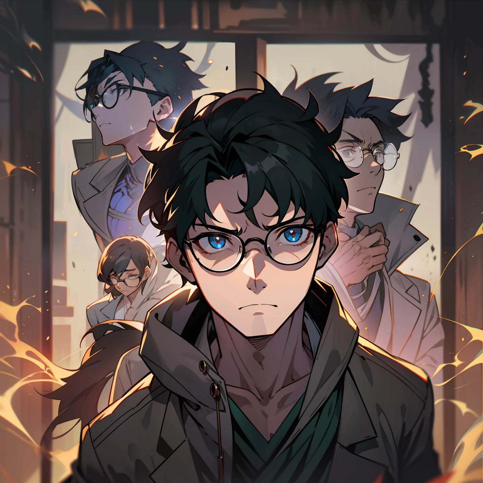 solo, male, anime character with black framed glasses and black hair, apathetic, bored expression, spirit bodies silhouettes behind character glowing, dynamic lighting