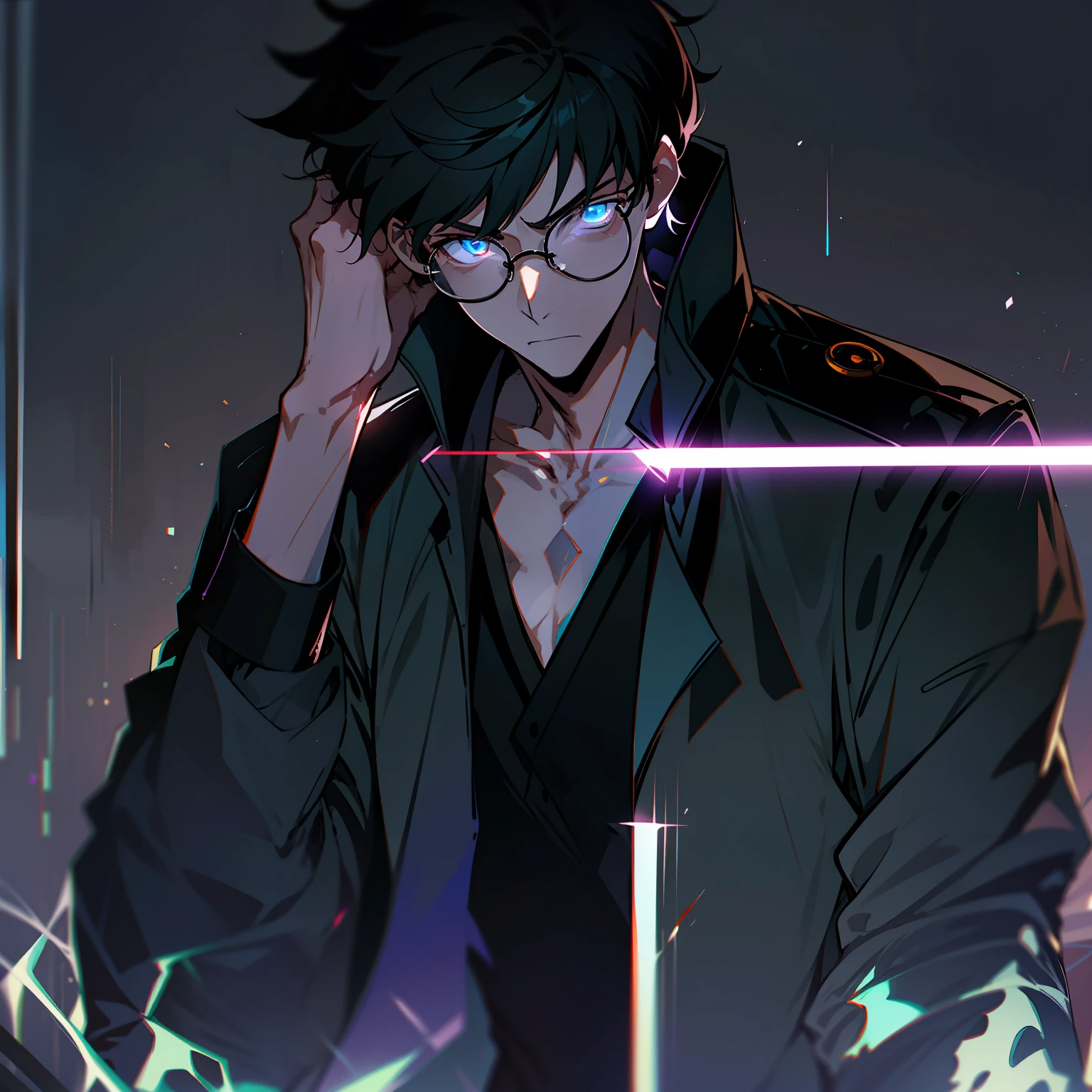 solo, male, anime character with black framed glasses and black hair, apathetic, bored expression, spirit bodies silhouettes behind character glowing, dynamic lighting