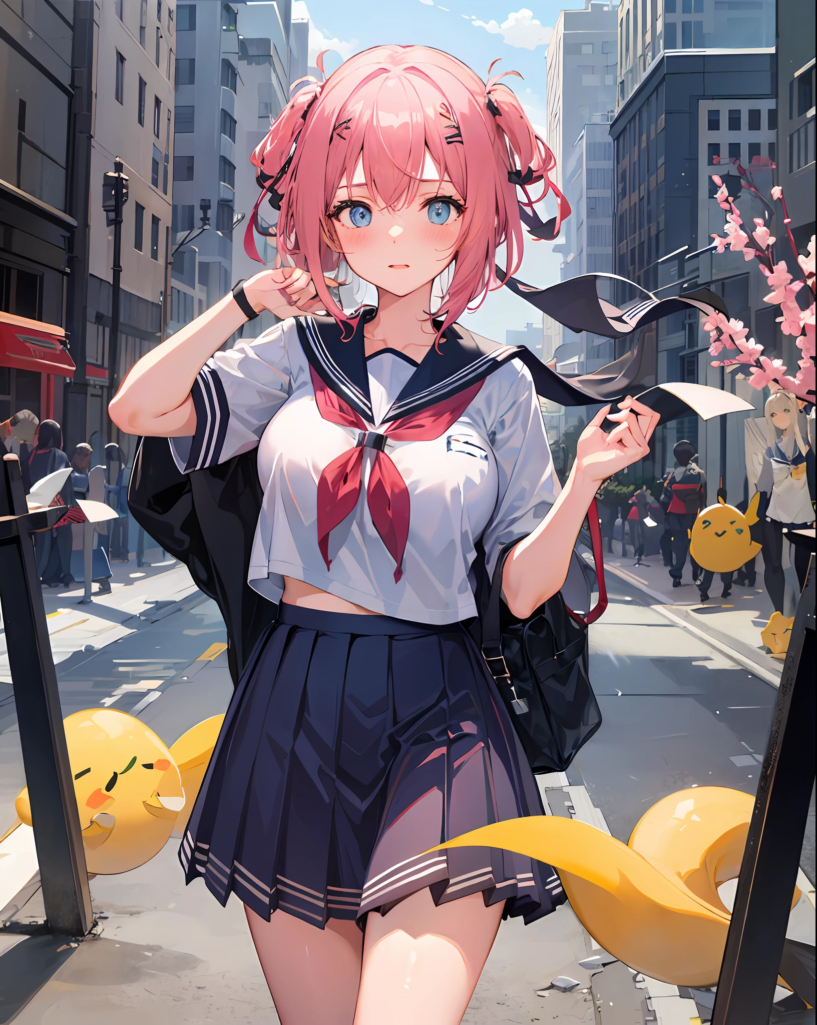 1girll,Large breasts,
Outdoors,Cityscape, street,standing,Cowboy shot,
((school uniform)), serafuku,
Blush,