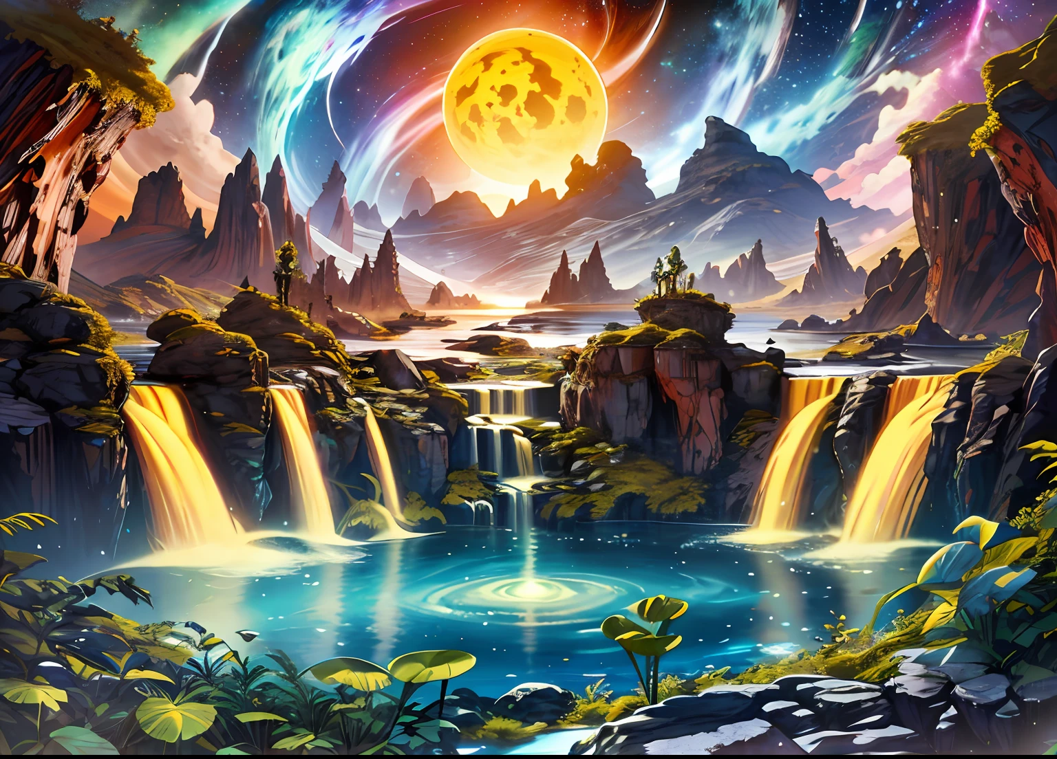 alien planet,A sun in the middle,The waterfalls merge into a lake,Alien plants,Fantastic starry sky