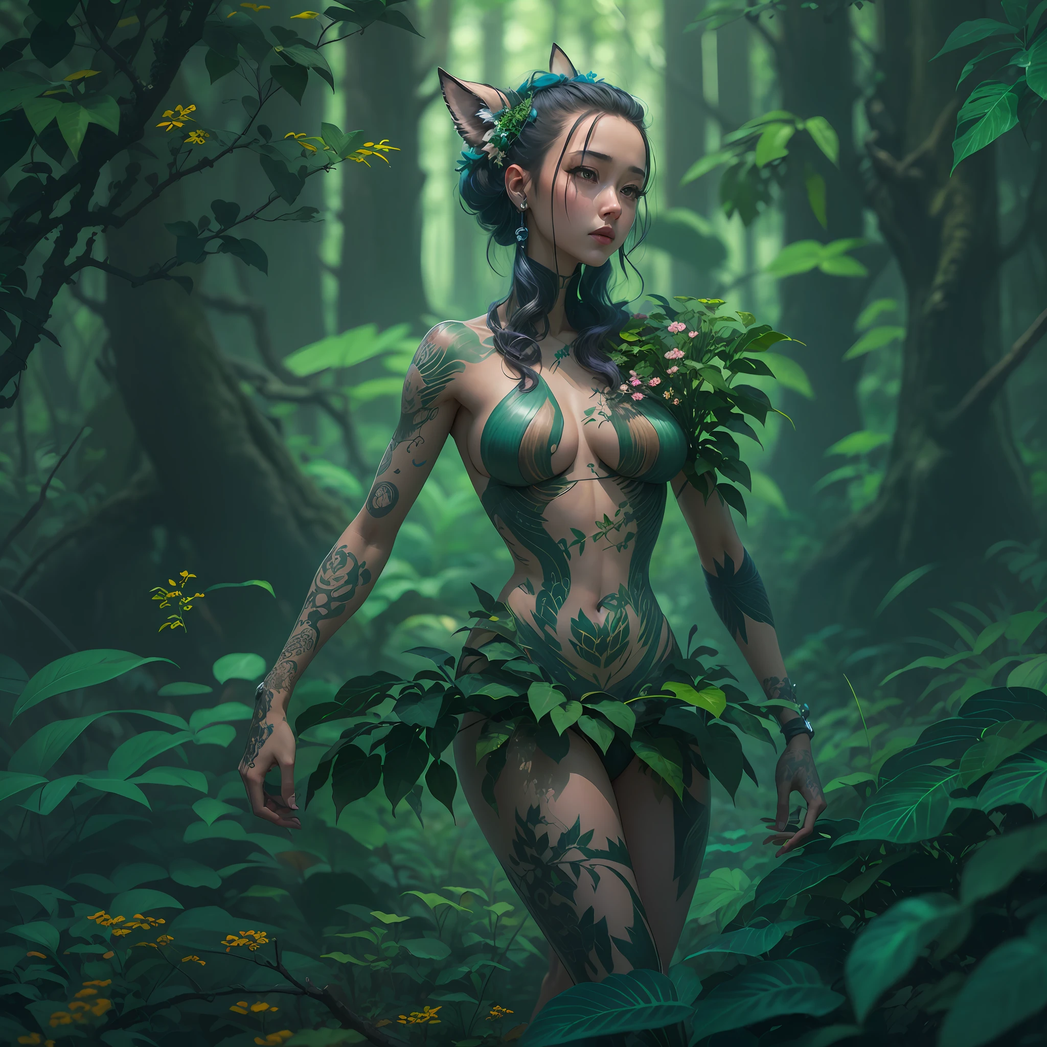 mulher de araffe em um topless posando verde com folhas em uma floresta magica, anime na vida real, em uma floresta magica, em cyberpunk floresta, Em uma floresta encantada, sem roupa, muito sexy, figura completa hiper-realista, Deusa japonesa, Nas floresta orientais, em uma floresta cyberpunk, meninaid perfeita, na floresta, na floresta, Oppai Cyberpunk Runic Tattoos, topless, sem roupa, seios duros empinados, piercing na pele , frescura corporal, --auto