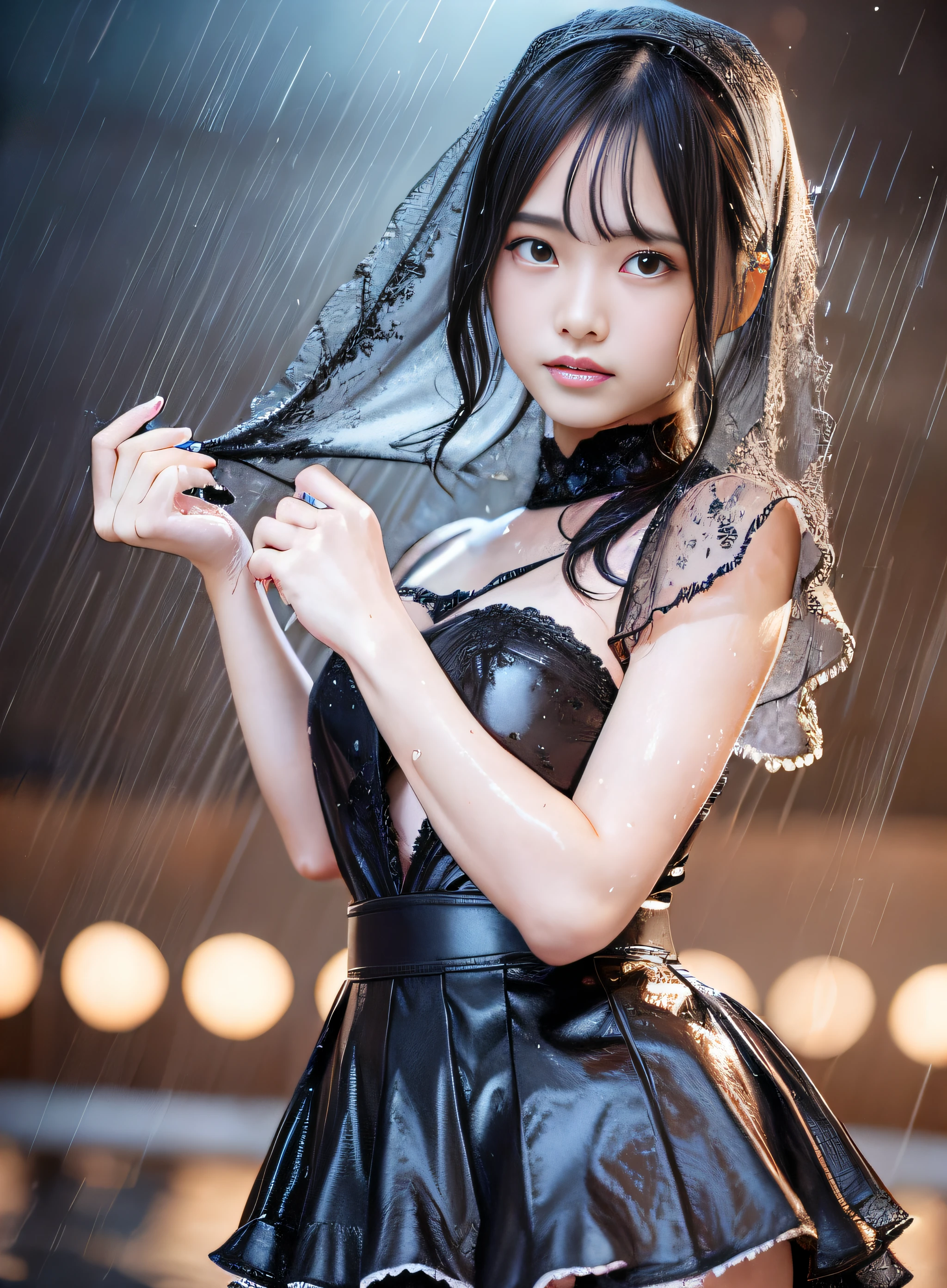 8k, RAW Photo, (Top Quality, Masterpiece, Intricate Detail: 1.4), (Real, Photorealistic: 1.3), (Realistic: 1.3), Photorealistic, Gravure Lighting,
  Japanese female idol, rainy concert, concert hall, idol singing on stage, heavy rain, (whole body soaking wet: 1.5), cool dance costume, (rain wet and see-through costume: 1.5), (rain wet skin 1.2), wet costume skirt, knee-length skirt, Japanese idol-like beauty, 15 years old, happy expression, light makeup, thin eyebrows,
  Fine and beautiful face, fine eyes, (tear bags: 1.5), fine fingers, fine legs, fine skin, (wet hair: 1.8), (wet bangs: 1.5), (wet skin: 1.8) ), Medium Breast, (Nipple Protrusion), Shiny Hair, Shiny Skin, (Wet and Watery Hair: 1.8), (Wet and Watery Skin: 1.8), (Water Drops: 1.5)