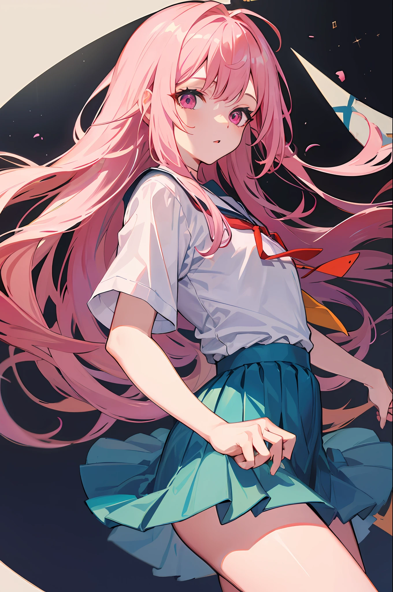 （absurderes， A high resolution， ultra - detailed）， 1 rapariga， 独奏， （Very long hair， Pink hair）， colorful， The finest details， 16 years old， small， Superskirt， 校服， short- sleeved， deep dark background， Santorini, Greece