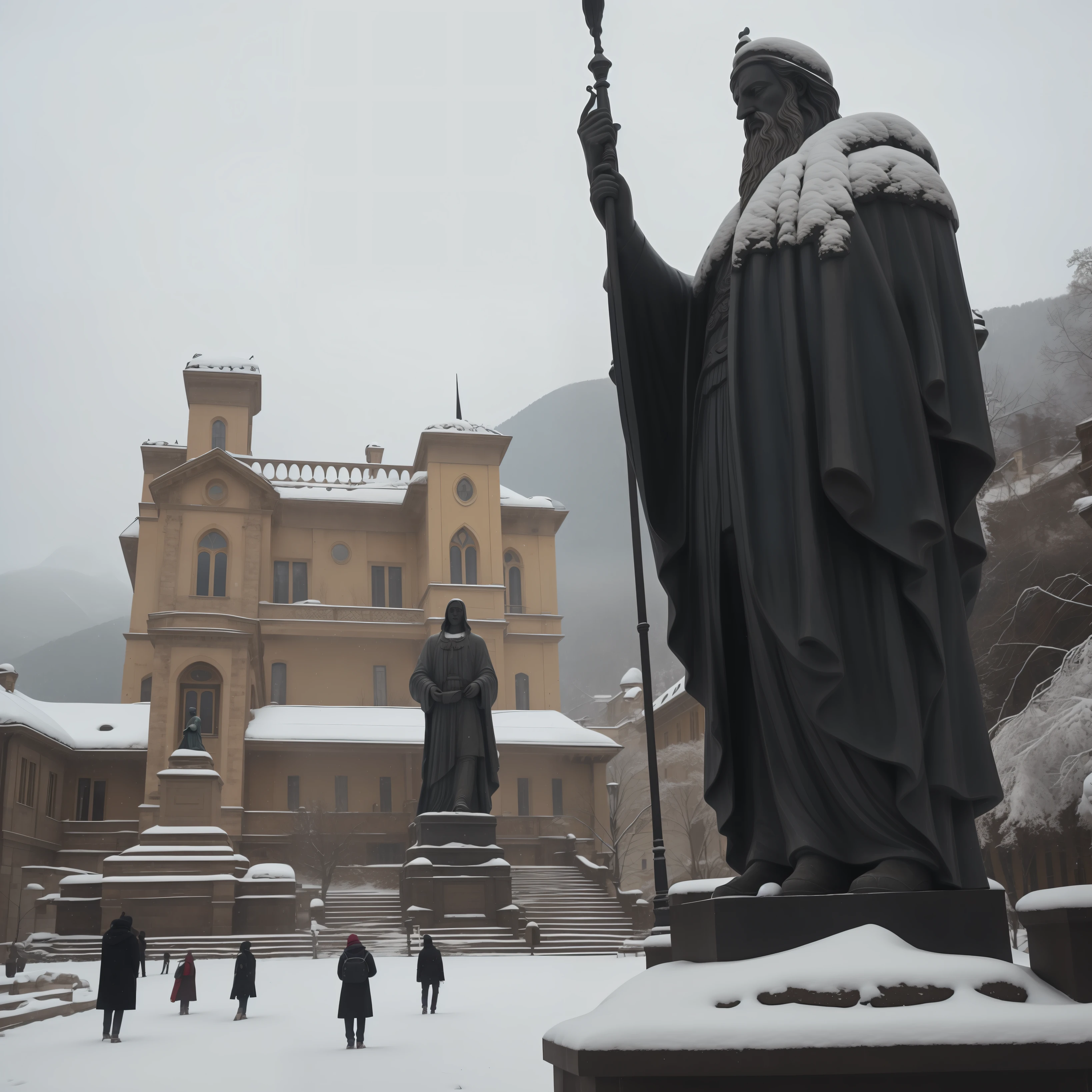 a large statue of a prophet, In the background a Fovernamtal Palace, muita neve e frio, dia, algumas pessoas andando na rua, cold and sober climate, arquitetura italiana, lo gothic, Architectural Brustalism. fotografia, totalmente detalhado