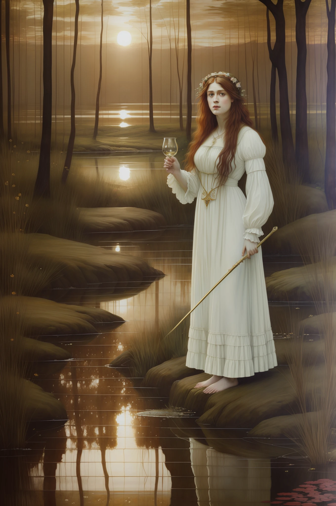 (((Pre-Raphaelite painting))), Portrait of a dead Celtic woman in a floating swamp, salgueiro, salgueiro choroso emaranhado, sun sunset, paisagem celta, Ophelia, Flowing white clothes, holds a golden chalice and a magic wand, vinheta