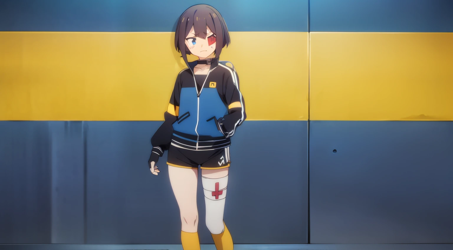 skindentation, (asymmetrical legwear:1. 4), mismatched legwear, (bandaged leg:1. 3)