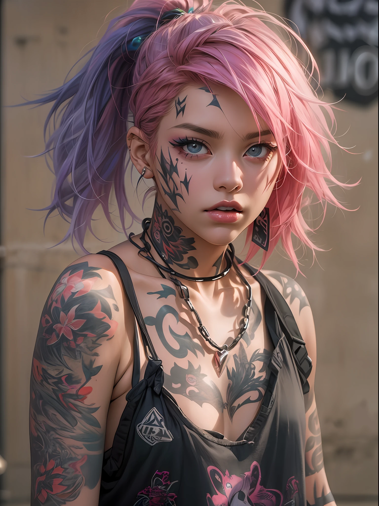 (top-quality、8K、32K、masterpiece、nffsw:1.3)、(Photorealsitic:1.4),18-year-old punk girl,、Wacky punk hair,Radical punk fashion,Tank Tops、Wacky makeup、A pink-haired,、A lot of tattoos on the body,、Street background、Backlight effect、depth of fields,blurry backround,,,,,,,,,,,,
