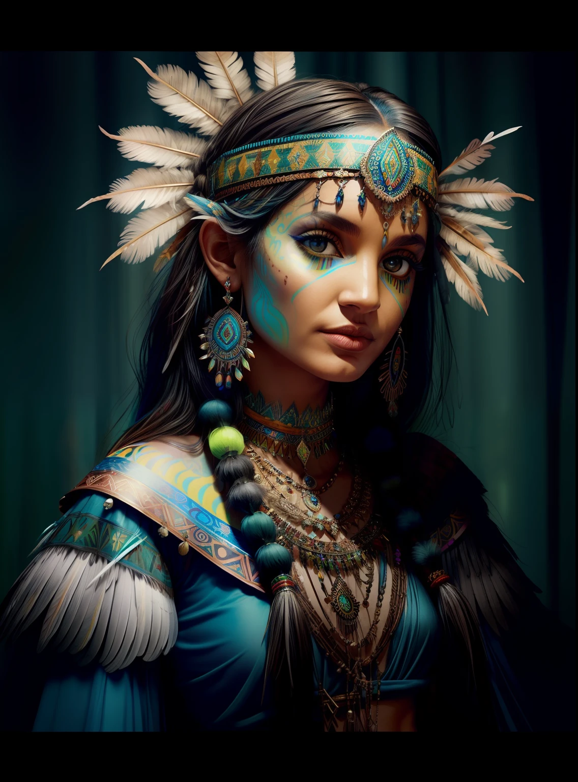 Woman in a feather headdress with feathers on her head,(((rosto pintado))), Retrato da princesa asteca, usando coroa de penas brilhantes, ****** com penas, beautiful young female shaman,rosto pintado,(((fluorescente))), she is dressed in shaman clothes, cocar emplumado,tatuagem do esterno, cocar ornamentado, a young female shaman, Angelina Jolie UHD, cocar, : native american shamen fantasy, cocar centralizado,rosto pintado,fluorescente, Polaroid