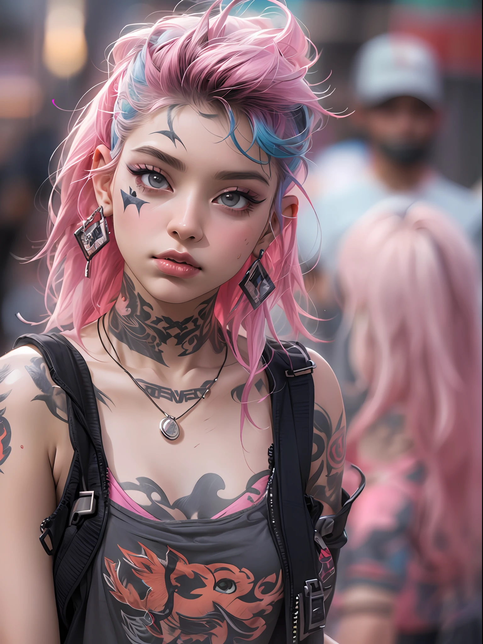 (top-quality、8K、32K、masterpiece、nffsw:1.3)、(Photorealsitic:1.4),18-year-old punk girl,A detailed eye、detailed lips,Wacky punk hair,Radical punk fashion,Tank Tops、Wacky makeup、A pink-haired,、A lot of tattoos on the body,、Street background、Backlight effect、depth of fields,blurry backround,,,,,,,,,,,,