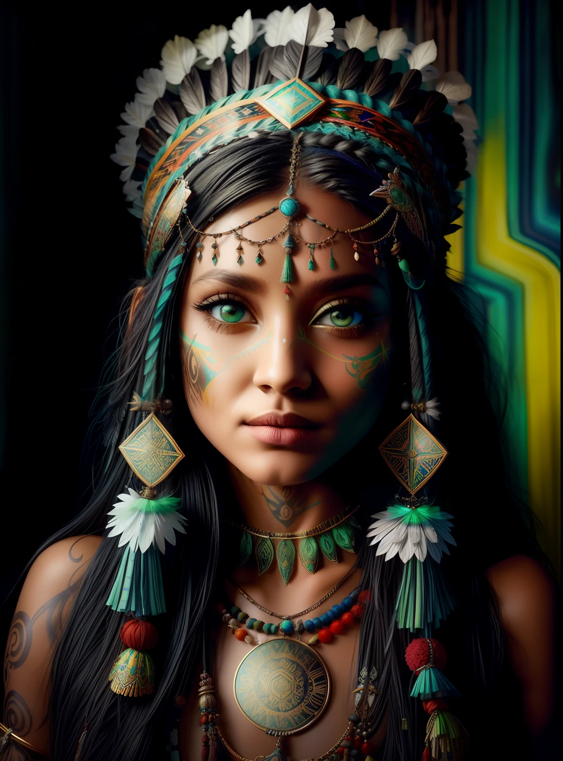 Woman in a feather headdress with feathers on her head,(((rosto pintado))), Retrato da princesa asteca, usando coroa de penas brilhantes, menina com penas, beautiful young female shaman,rosto pintado,(((fluorescente))), she is dressed in shaman clothes, cocar emplumado,tatuagem do esterno, cocar ornamentado, a young female shaman, Angelina Jolie UHD, cocar, : native american shamen fantasy, cocar centralizado,rosto pintado,fluorescente, Polaroid