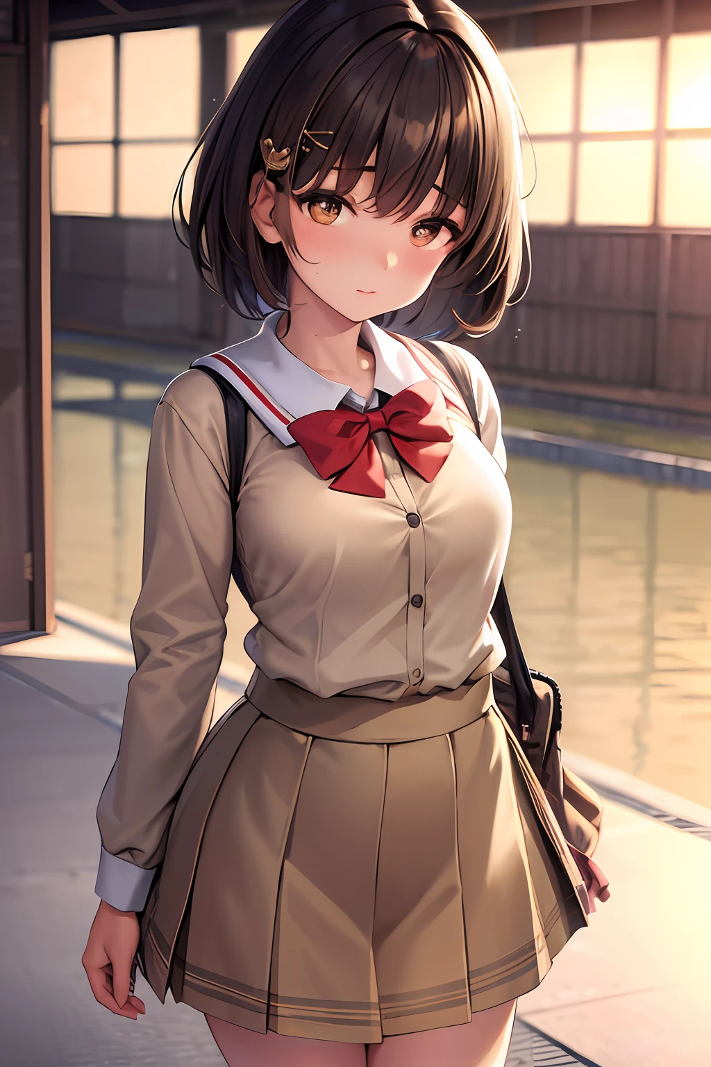 masterpiece, best quality, highres, gotou1, gotou hitori, solo, bangs, hair between eyes, short sleeves, school uniform, skirt, shirt, sailor collar, medium breasts, from side, shaded face,