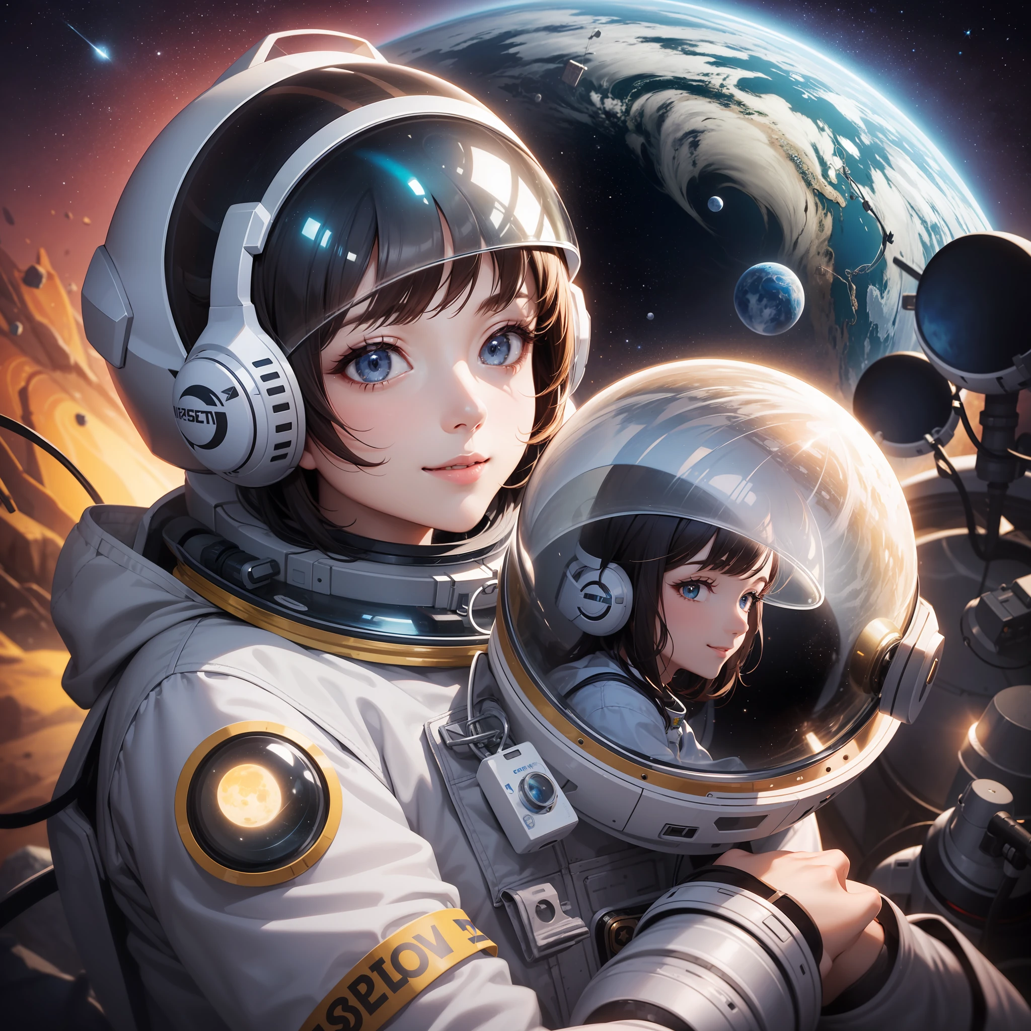Astronaut woman in a shiny white spacesuit, with a flashlight, exploring an alien planet, the terrain is barren and rocky, there are three moons and a gas giant in the sky, the astronaut woman is very beautiful, she is smiling