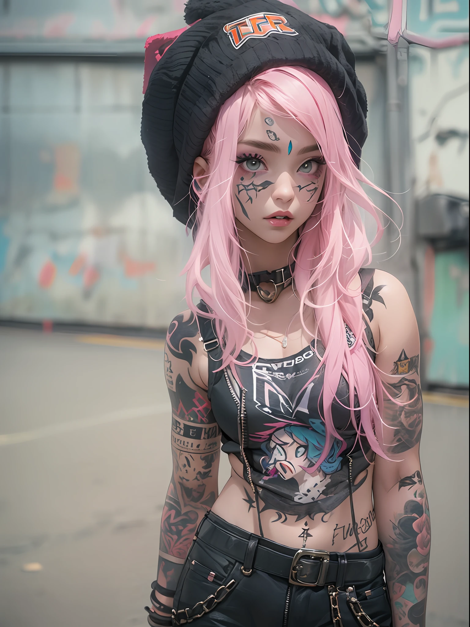 (top-quality、8K、32K、​masterpiece、nffsw:1.3)、(Photorealsitic:1.4),18-year-old punk girl,A detailed eye、Detailed lips,Wacky punk hair,Radical punk fashion,Tank Tops、Wacky makeup、A pink-haired,、Tattoos on the body,、Street background、Backlight effect、depth of fields,blurry backround,,,,,,,,,,,,