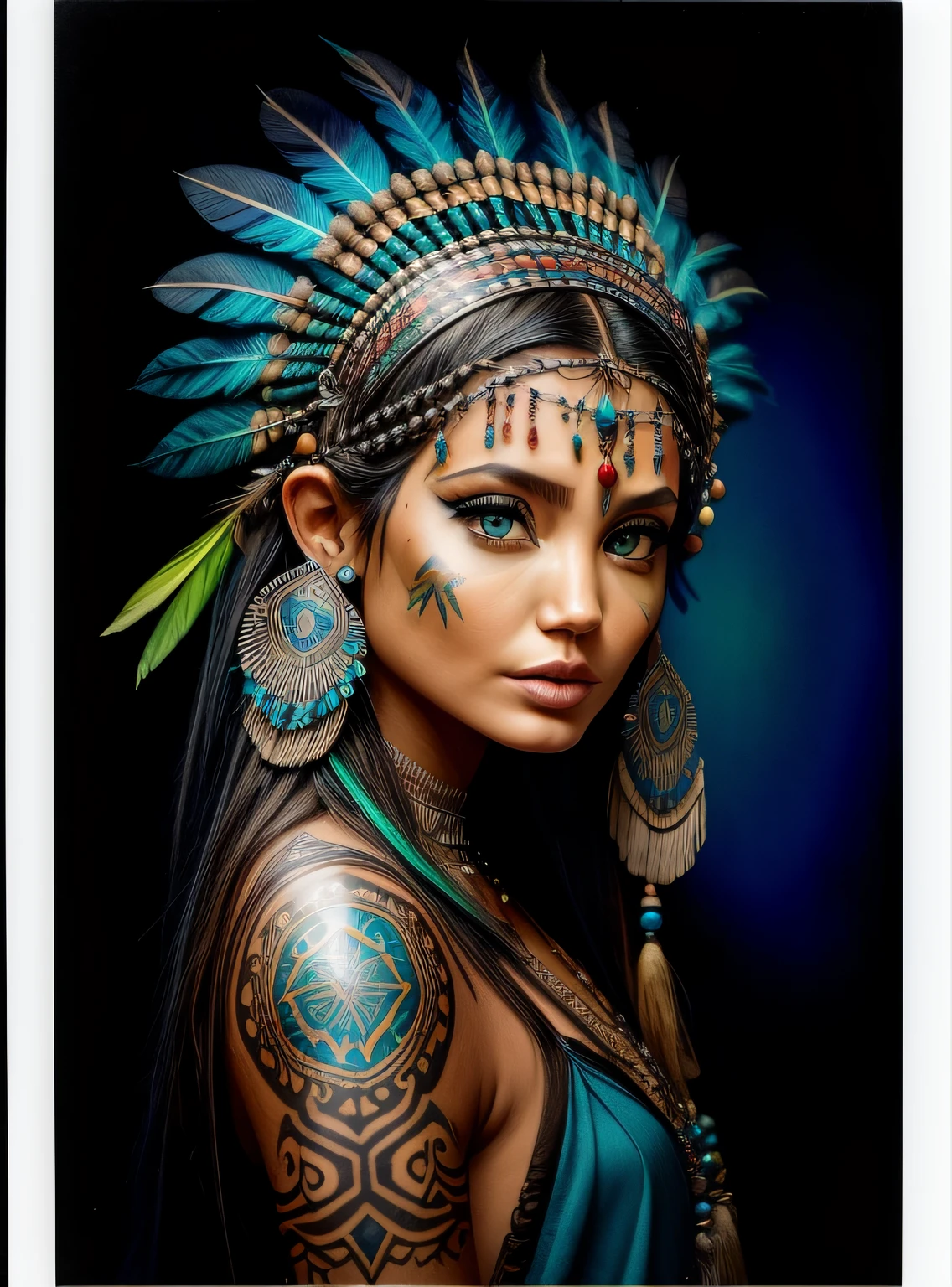 Woman in a feather headdress with feathers on her head,(((rosto pintado))), estilo anos 80, princesa asteca, usando coroa de penas brilhantes, menina com penas, beautiful young female shaman,rosto pintado,(((fluorescente))), she is dressed in shaman clothes, cocar emplumado,tatuagem do esterno, cocar ornamentado, a young female shaman, Angelina Jolie UHD, cocar, : native american shamen fantasy, cocar centralizado,rosto pintado,fluorescente, Polaroid, Nikon D750