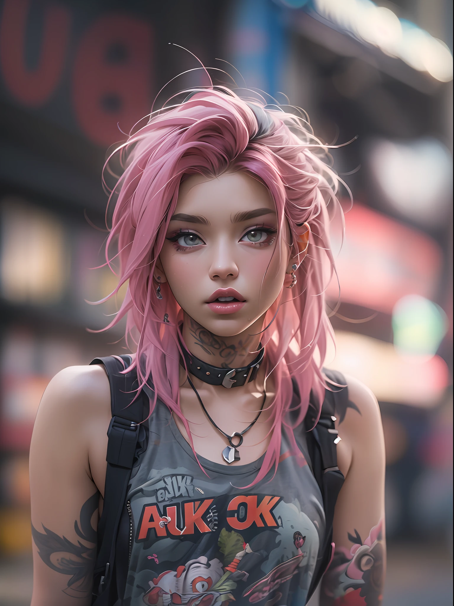 (top-quality、8K、32K、masterpiece、nffsw:1.3)、(Photorealsitic:1.4),18-year-old punk girl,A detailed eye、Detailed lips,Wacky punk hair,Radical punk fashion,Tank Tops、Wacky makeup、A pink-haired,、Tattoos on the body,、Street background、Backlight effect、depth of fields,blurry backround,,,,,,,,,,,,