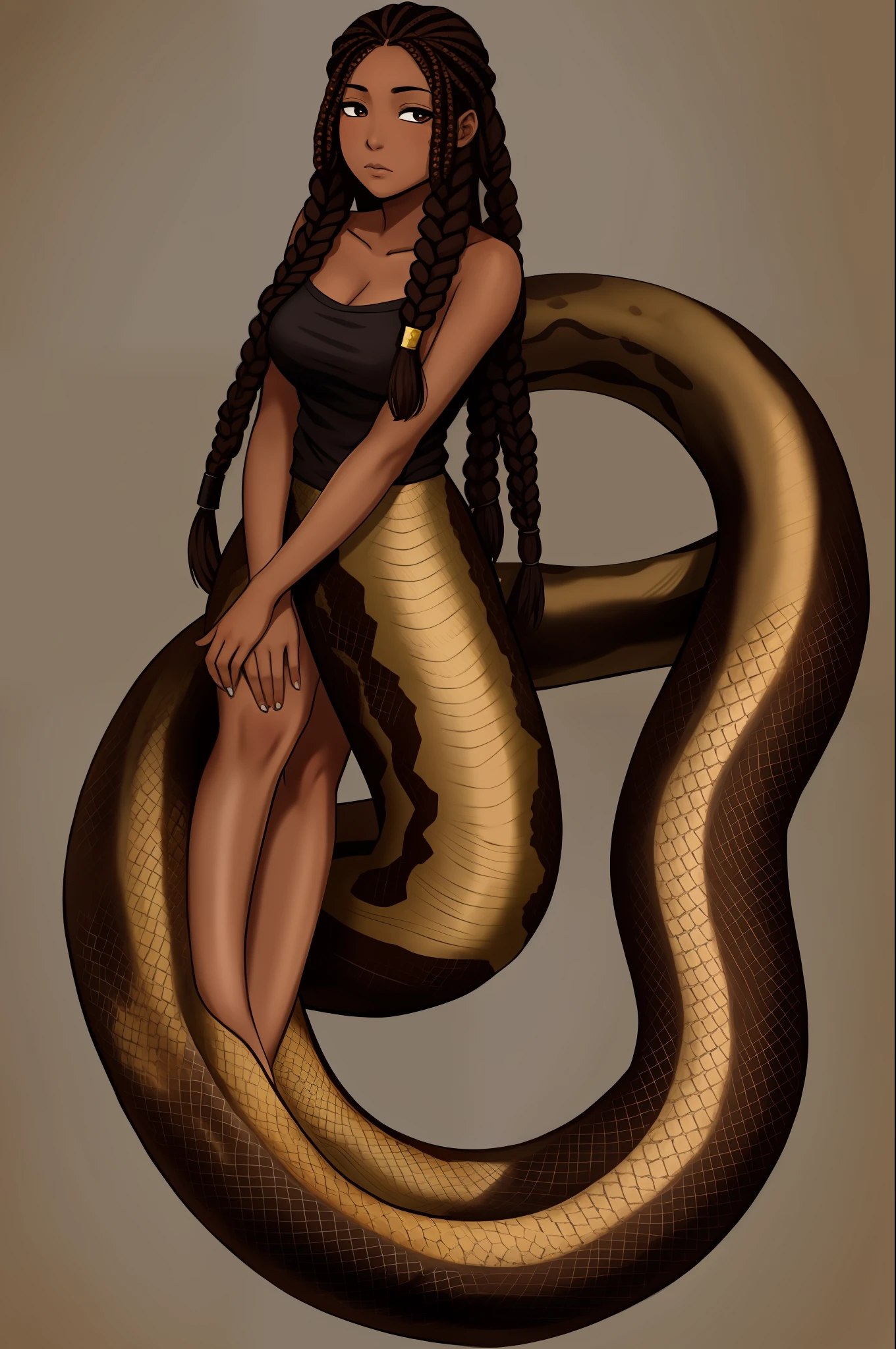 (lamia:1.0), 1girl, solo, long hair, braids, dark-skin, dark-skinned female, scales, full body, expressionless, empty eyes, post-apocalypse, crumbling city on background, portrait