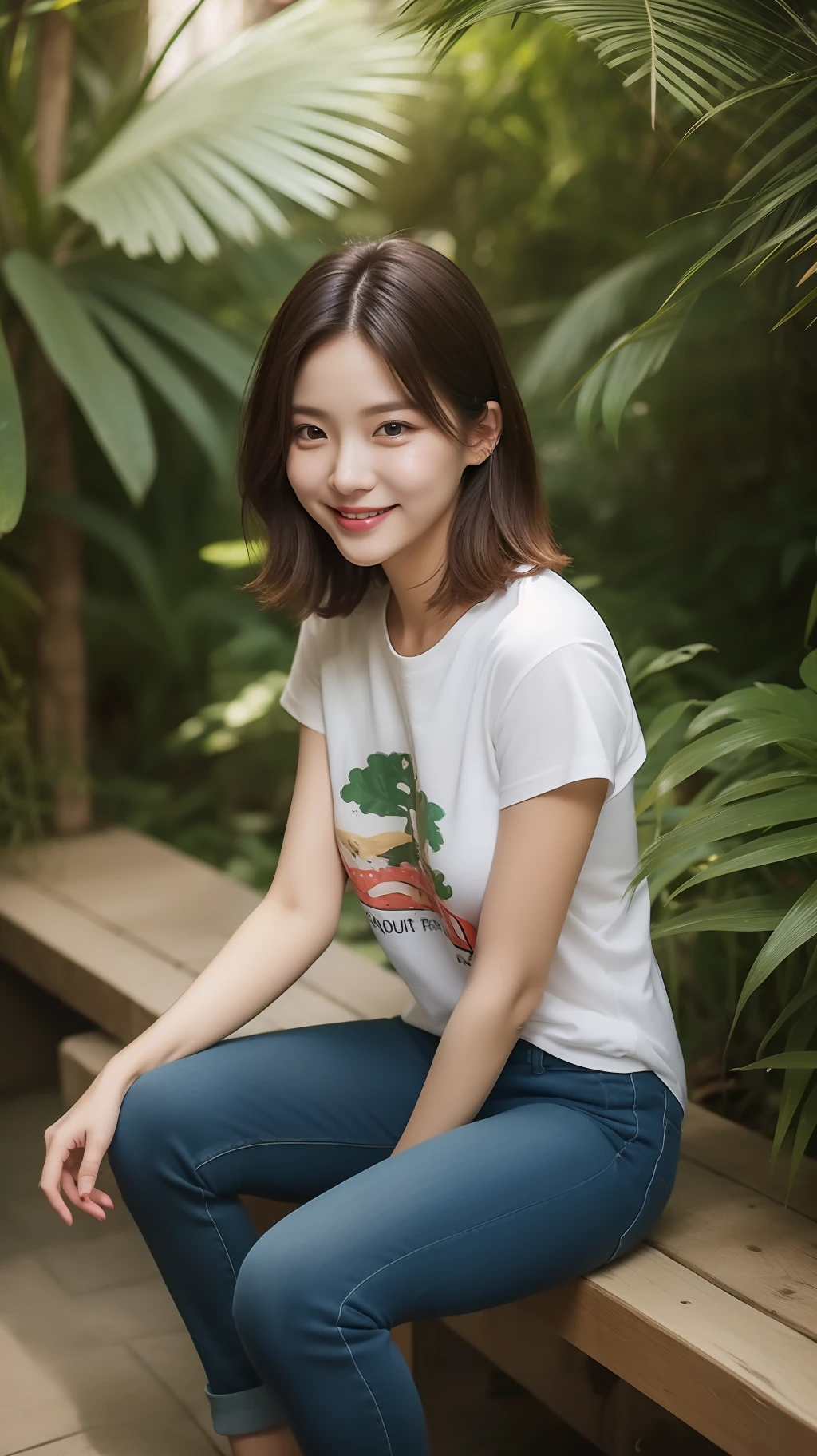realistic photos of (1 cute Korean star) medium hair, thin makeup, ?????????????? size, slightly smile wearing colourful t-shirt, and pants, sitting at jungle cafe, style RAW, 16k