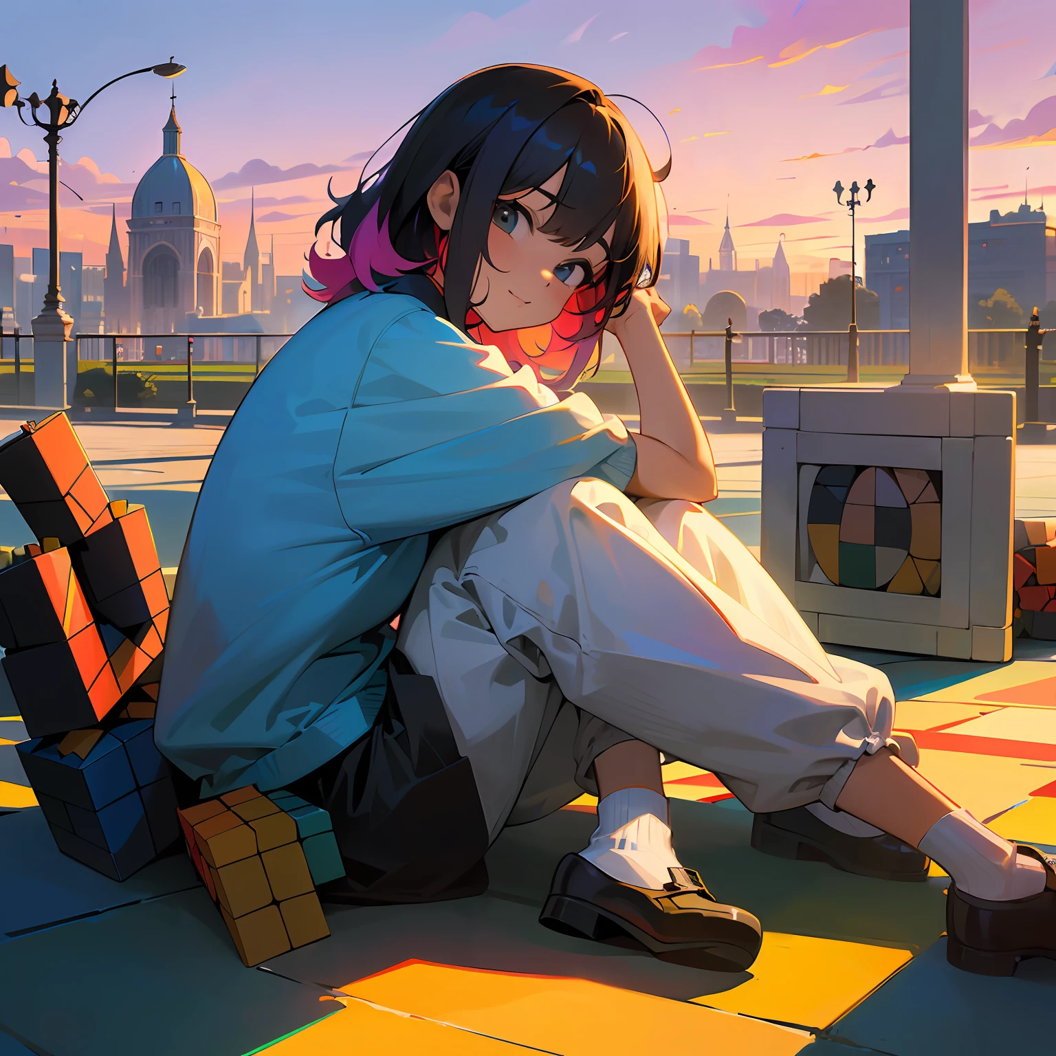 ((Adolescent child, jugando Rubik, plaza, sentado, anime, fondo atardecer, pelo ondulado, piel clara, colores llamativos)) --auto