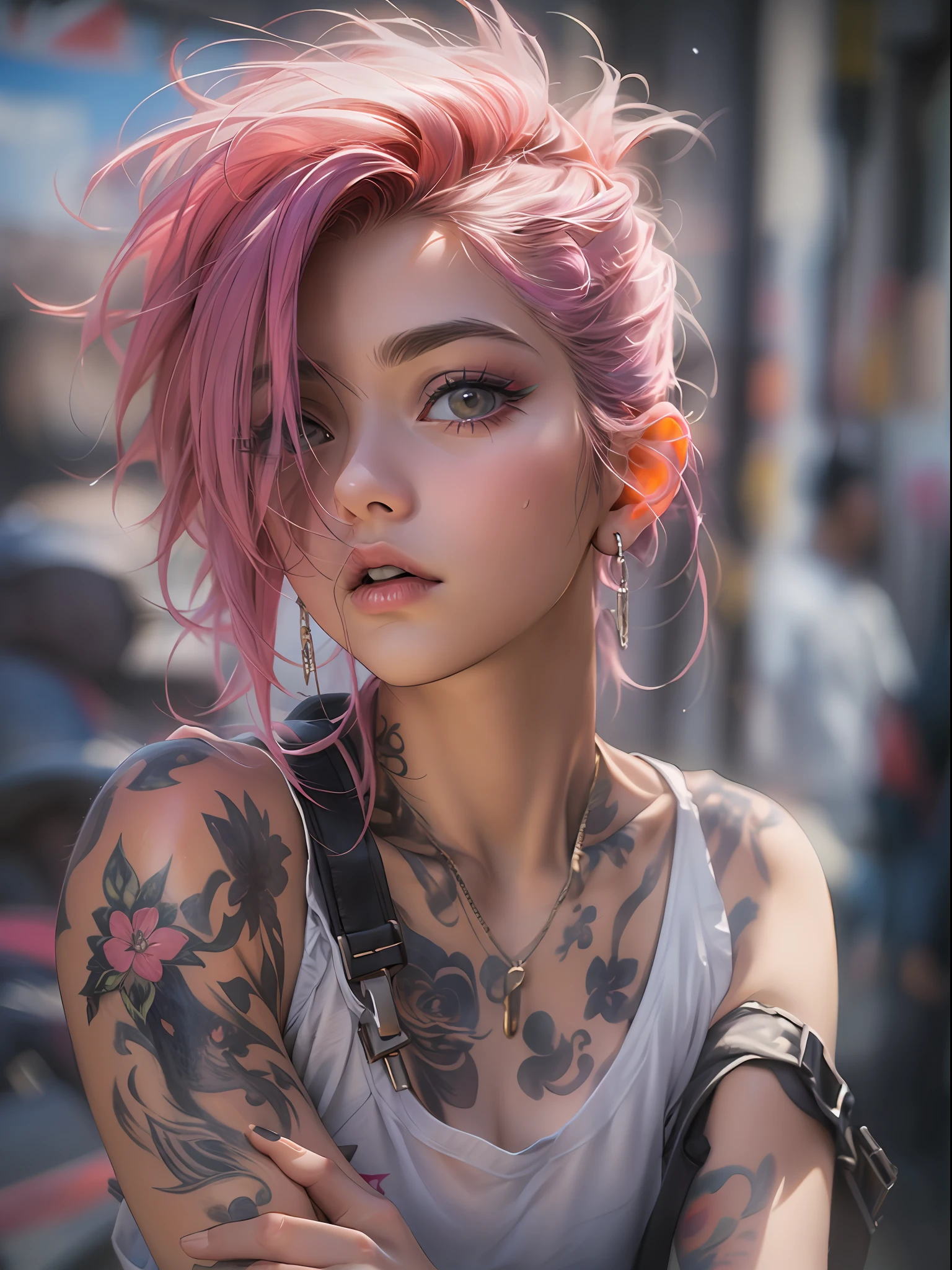 (top-quality、8K、32K、​masterpiece、nffsw:1.3)、(Photorealsitic:1.4),18-year-old punk girl,A detailed eye、A detailed face,Wacky punk hair,Radical punk fashion,Tank Tops、Wacky makeup、A pink-haired,、Tattoos on the body,、Street background、Backlight effect、depth of fields,blurry backround,,,,,,,,,,,,