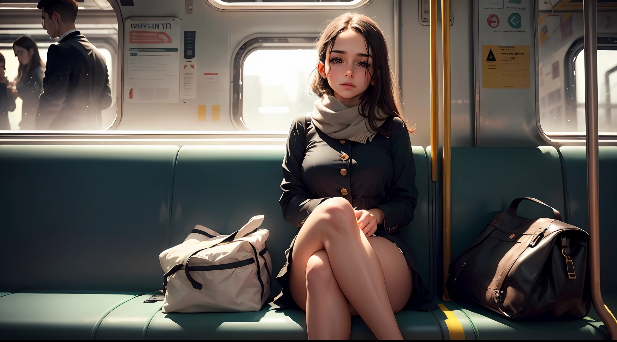 (((I'm on the last train ride home))), menina elegante em roupas de frio, 1girl, irresistible beauty, desejo intenso, lindo rosto, cabelo longos, feeling of desire and loneliness --auto