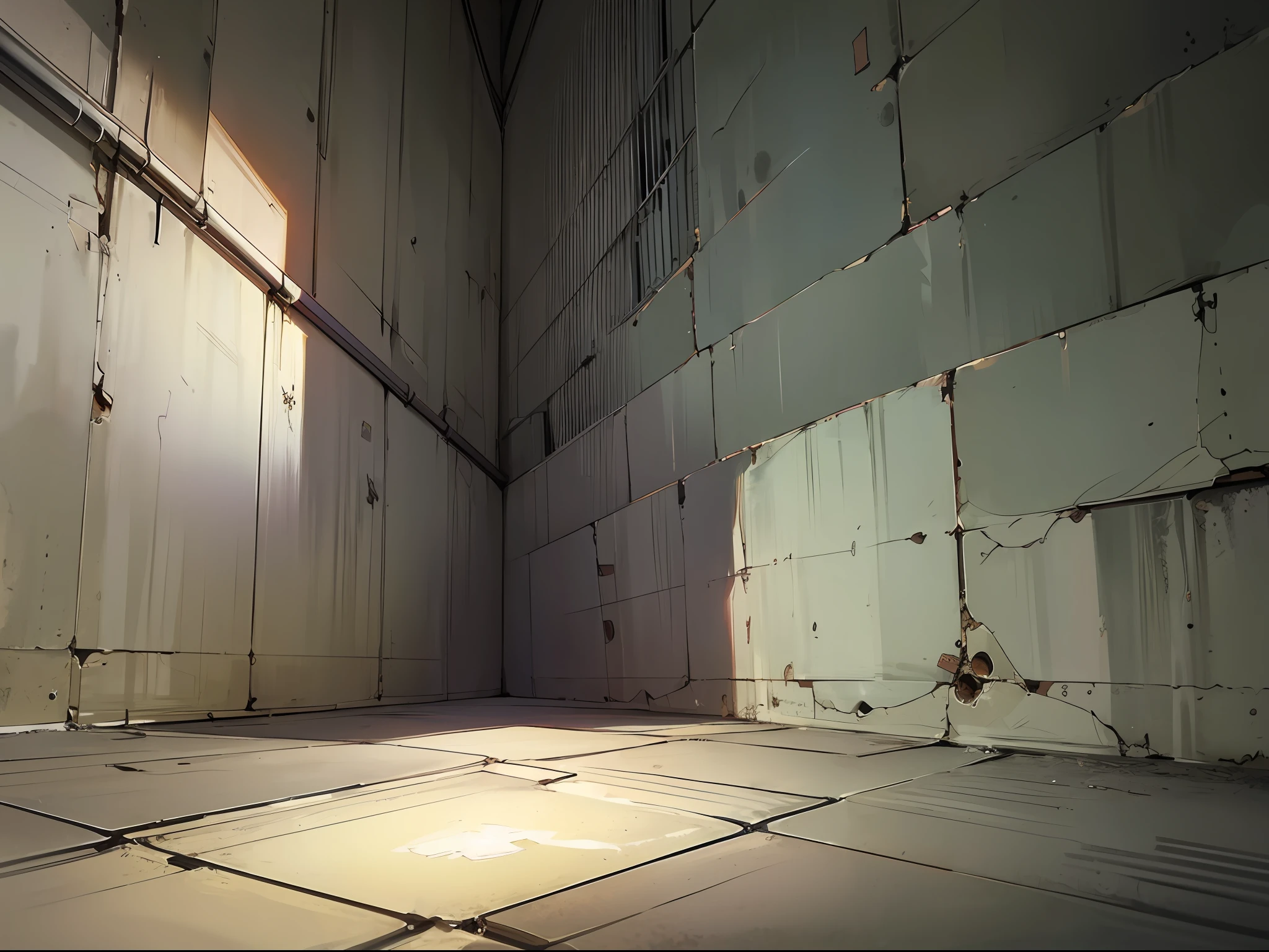 ((close-up to the wall)),((angle from front)),((((angle from below)))),((clean floor)),((grey wall)),(((abandon factory))),((warm light)),(orange light),((dramatic shadows)), ((indoor)),
((((((((masterpiece)))))))), best quality, highly detailed, extremely detailed CG unity 8k wallpaper,illustration,sfw,
indoor,((((abandon factory)))),(at night),spotlight,(((grey background))),(grey wall),wire,pipe,(night),