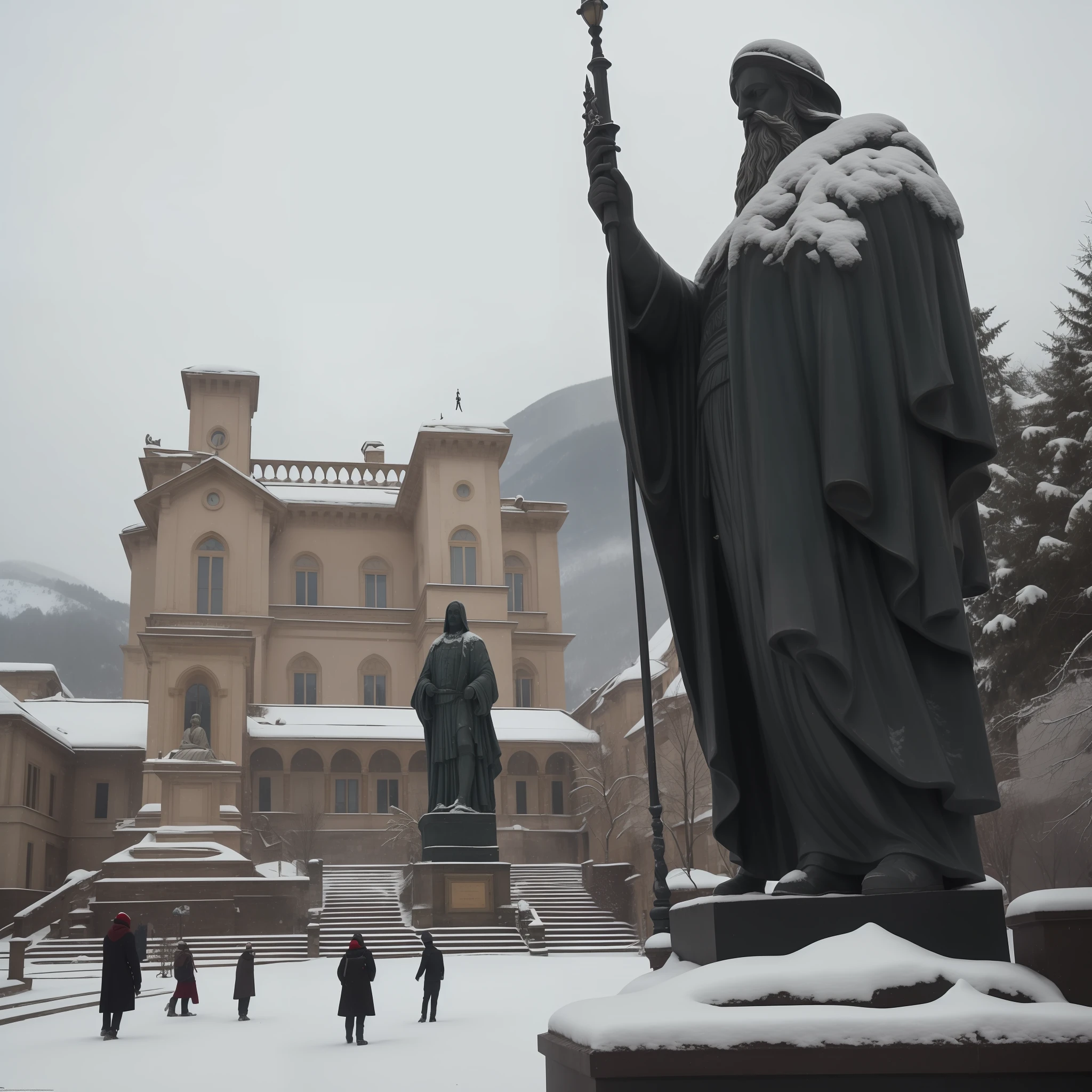 a large statue of a prophet, In the background a Fovernamtal Palace, muita neve e frio, dia, algumas pessoas andando na rua, cold and sober climate, arquitetura italiana, lo gothic, Architectural Brustalism.  fotografia, totalmente detalhado