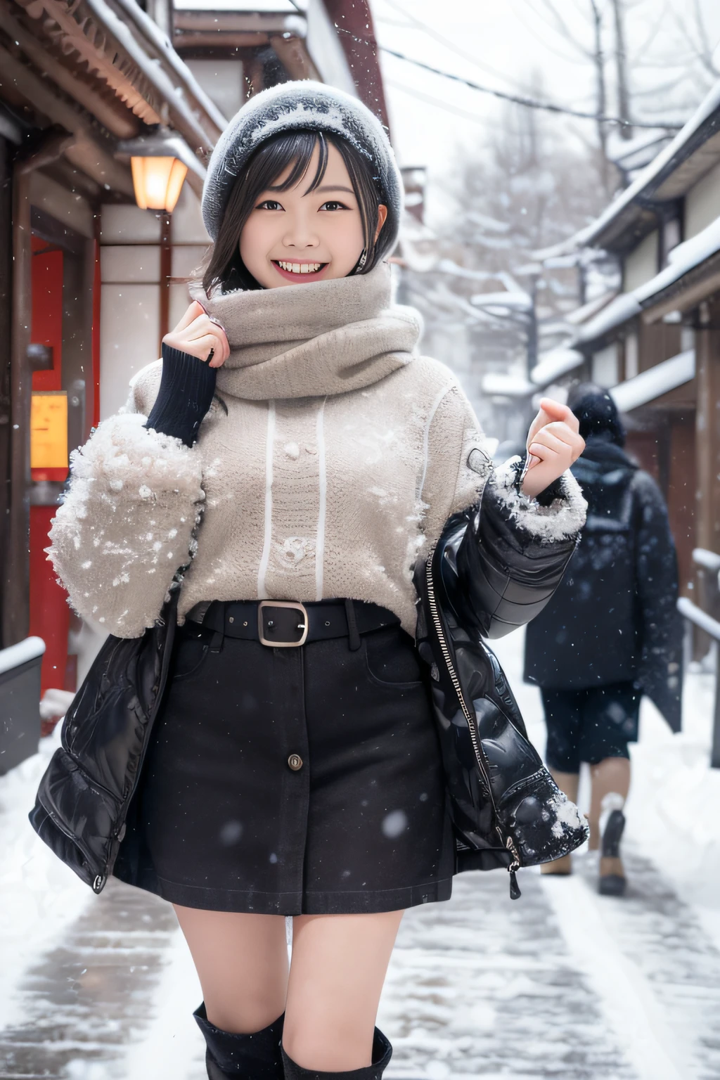 Japan girl pretty cheerful smile big girl lace skin visible through snow white shirt、Two-tone shorthair: Glossy burgundy and brown,,,、Black eyes、Photograph from the knee up、in snow、covered in snow、Snow on the body、(yuki)、in 8K,