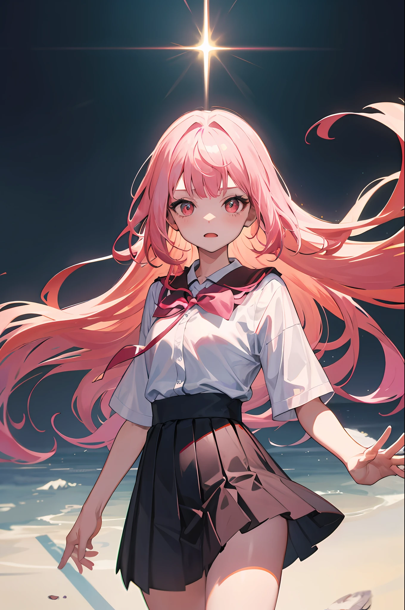 （absurderes， A high resolution， ultra - detailed）， 1 rapariga， 独奏， （Very long hair， Pink hair）， Colorful， The finest details， 16 years old， small， Superskirt， 校服， short- sleeved， deep dark background， santorini, Greeks