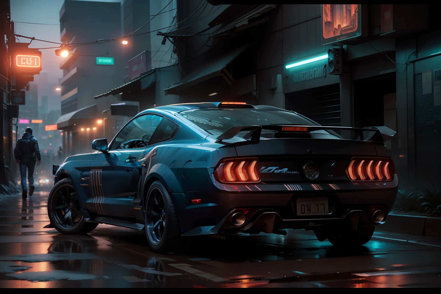 "C:\Users\Jomar Machado\OneDriveDesktop\IMAGENS PARA AI\AI HOVER MUSTANG\HOVER MUSTANG.jpg", realistic, hd, cyberpunk in cybercity at night,, dark atmosphere, nightfall, cinema photography, cold colours, keep the car faithfull to the original , 8K --auto