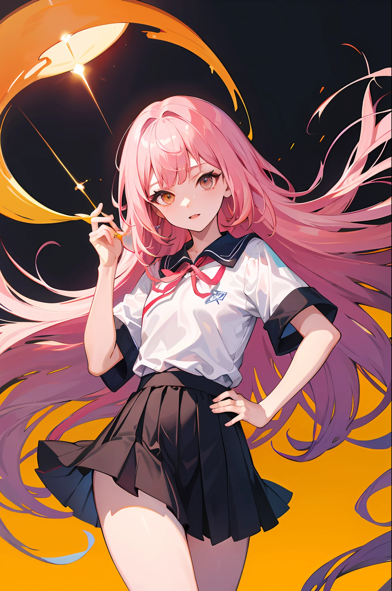(absurderes, A high resolution, ultra - detailed), 1 rapariga, 独奏, (Very long hair, Pink hair), Colorful, The finest details, 16 years old, small, Superskirt, 校服, short- sleeved, deep dark background, santorini, Greeks