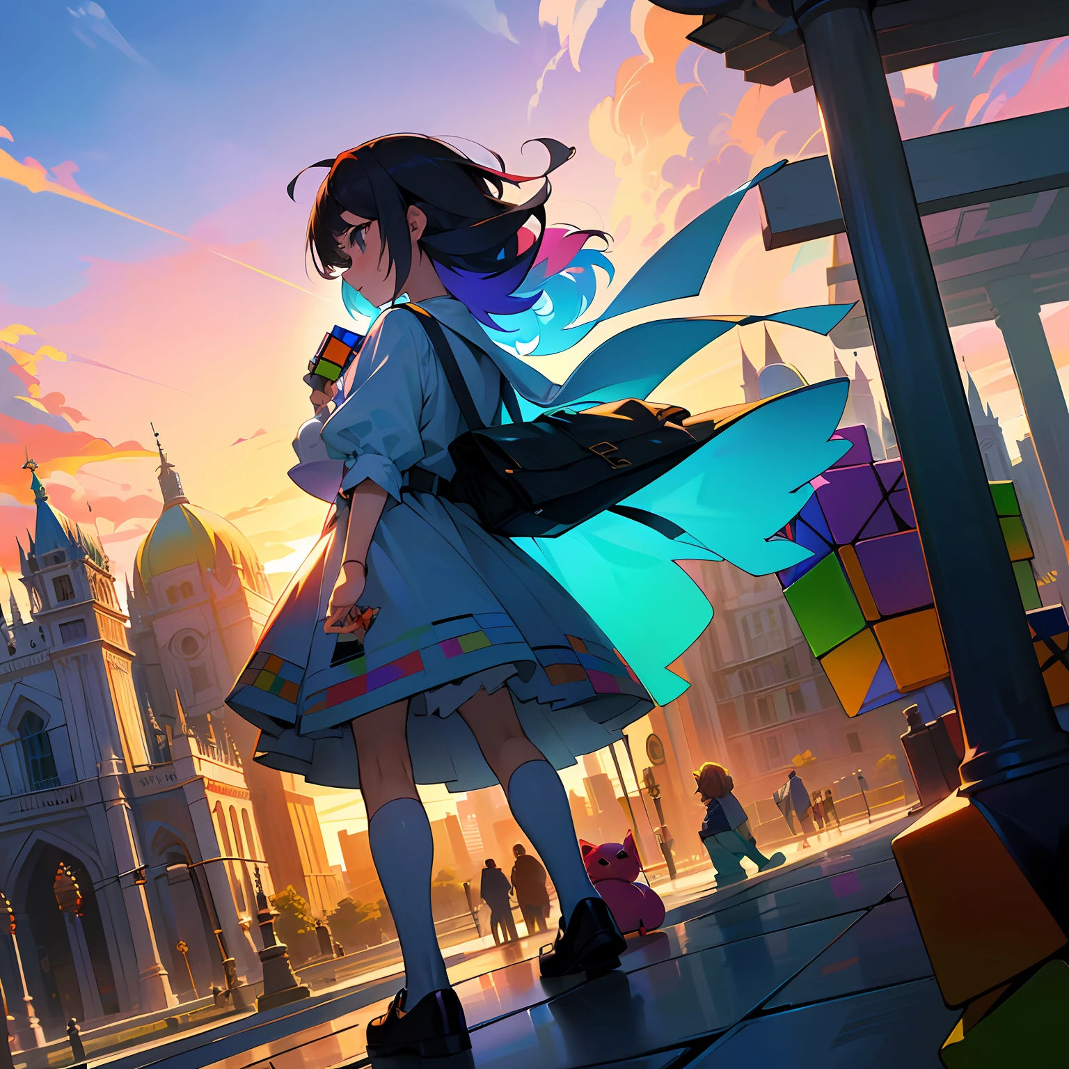 ((Adolescent child, jugando Rubik, plaza, sentado, anime, fondo atardecer, pelo ondulado, piel clara, colores llamativos)) --auto