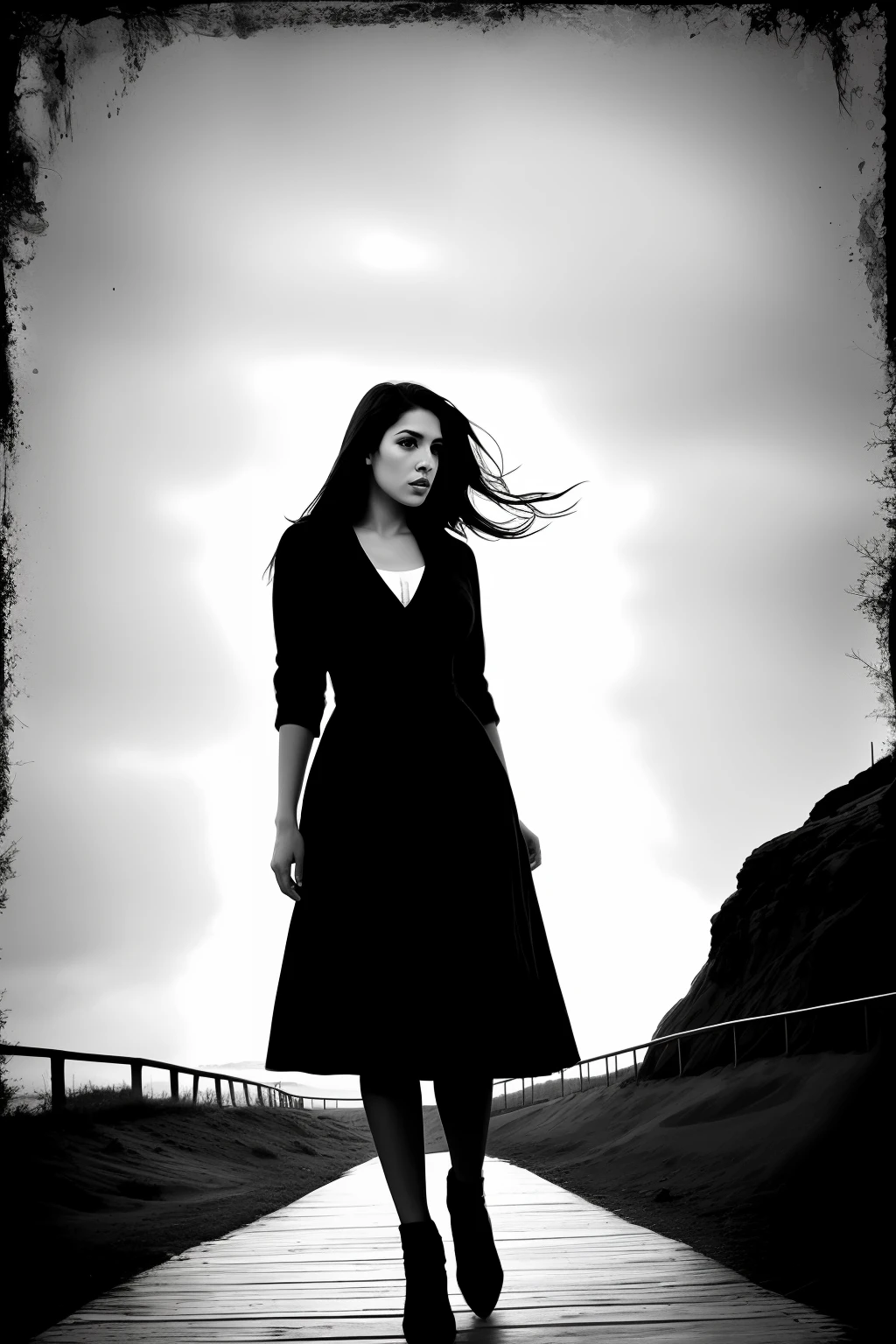 Create a female artistic with the background of the sugar loaf rj in black and white