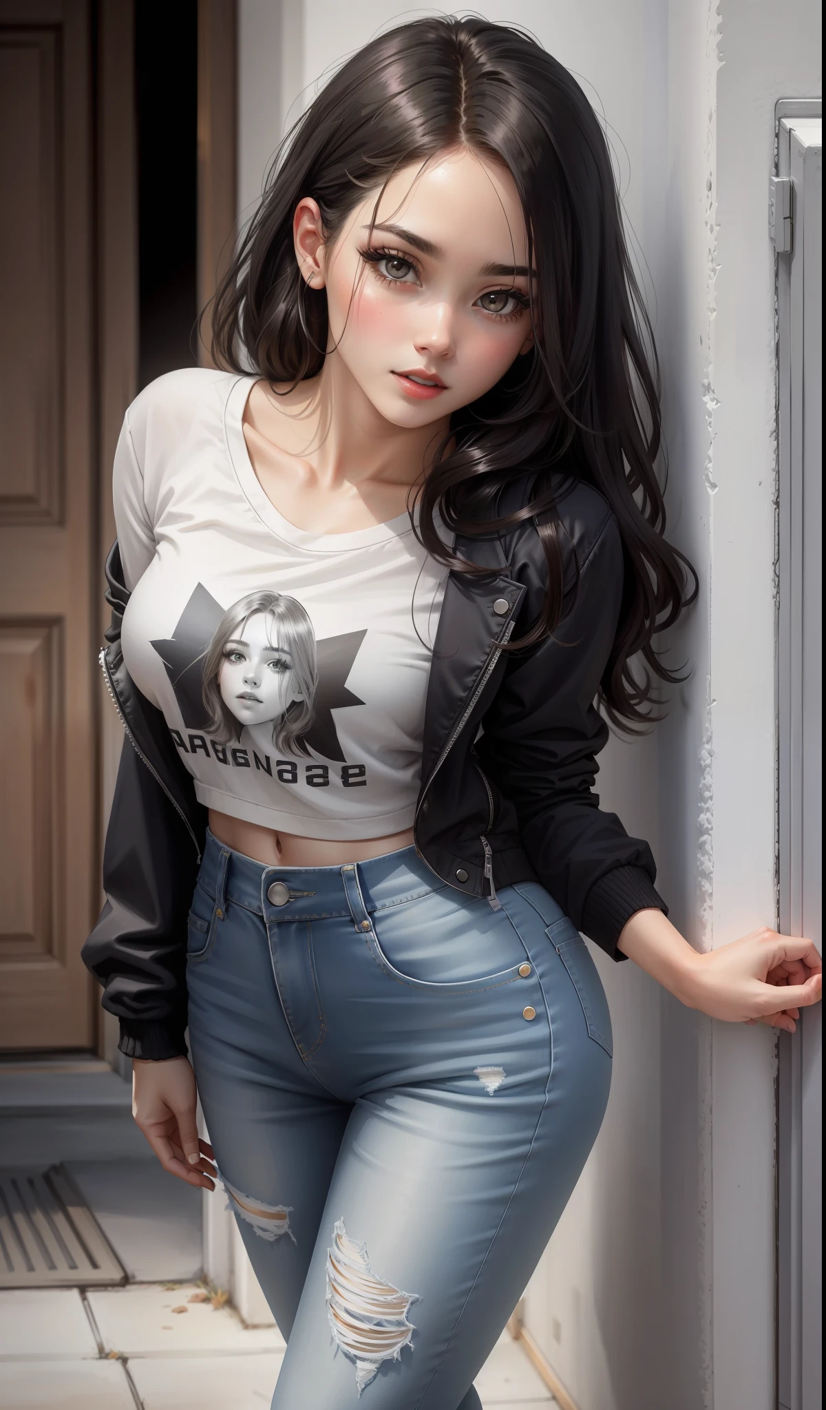 a woman in a casual clothing, jacket, T- shirt, jeans ,converse shoes, 22 years old, adult face, waist length straight hair, ((brownish-black hair)) and gleaming detailed vibrant hazel eyes, slim frame, medium breasts, long legs, beautiful face, medium butt size, small feet size, small hand size, perfect hands, scary face, beautiful face, pretty face, hot woman, British woman, cream skin, small red lips, small to medium butt size, sharp features, slim hourglass figure