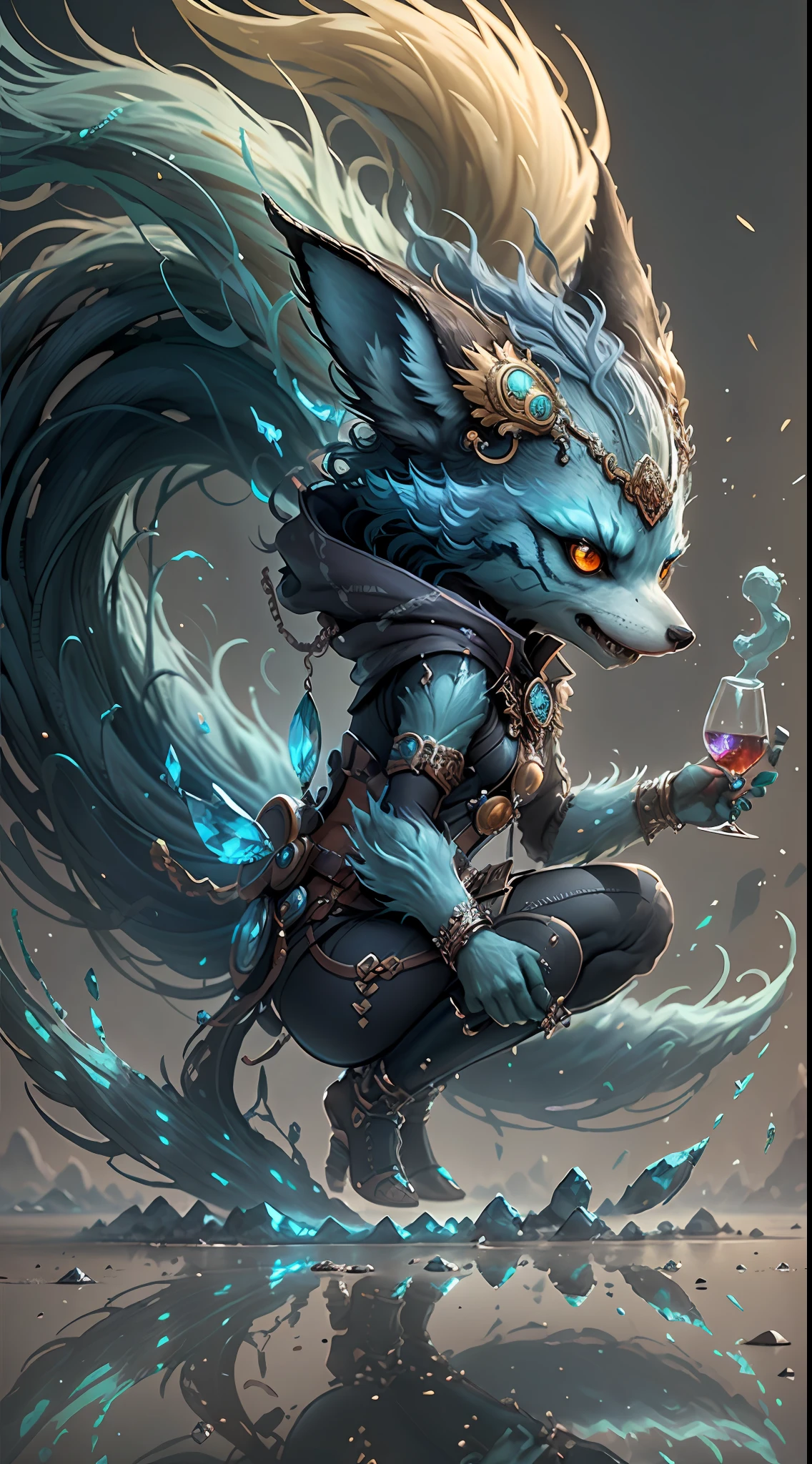 Fantastic Beasts concept art, colorful crystal glass nine-tailed fox mythical beast design with sparkling tail, ancient Chinese mythology, lady luck cloud background beast, glowing yellow eyes, epic HD CG rendering, majestic, lifelike, aqua blue like the sea, reflection, cinematic post-processing, lots of fine detail, depth of field, surrealism and cyberpunk style, octane rendering, fantasy engineering 32K,