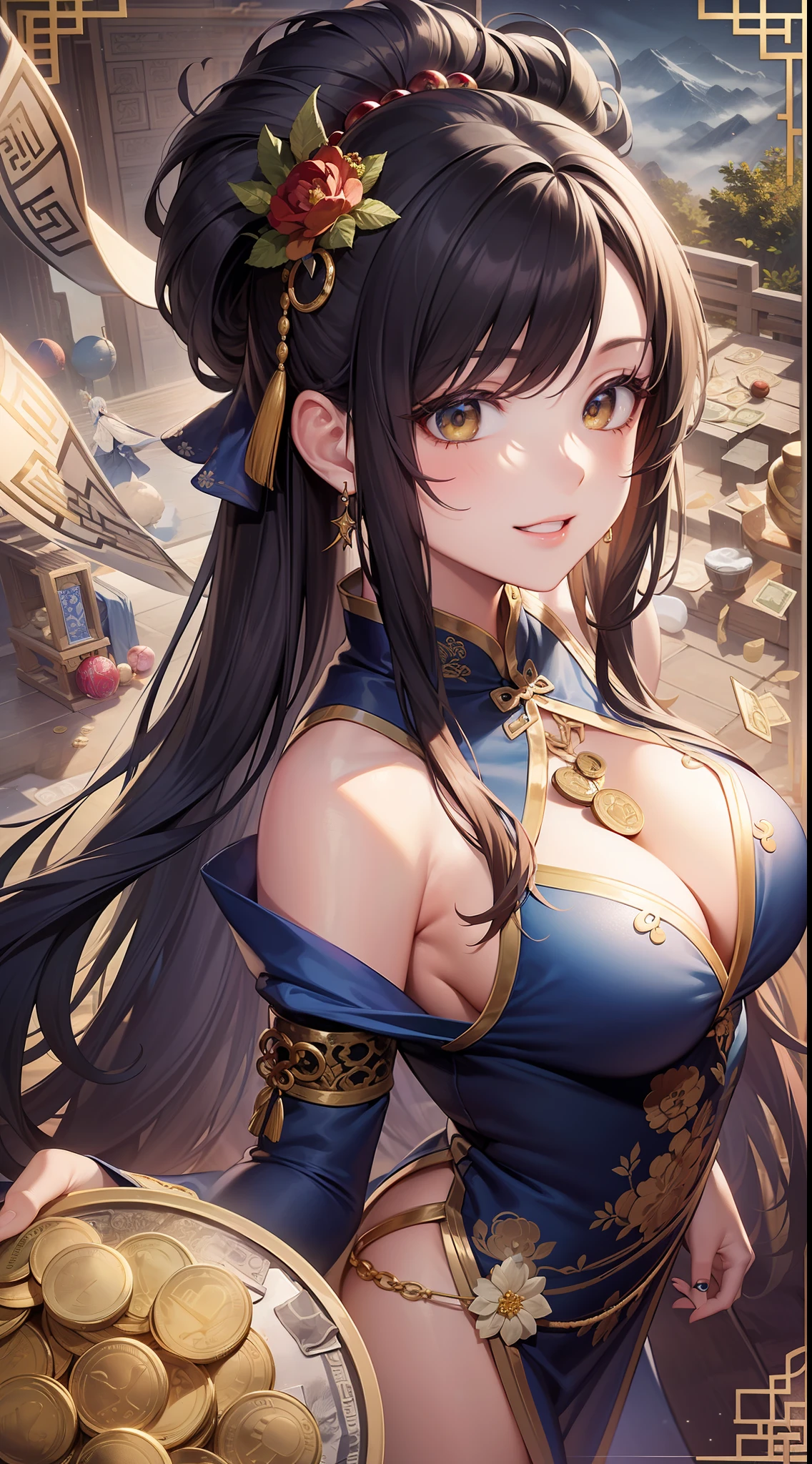 Adult woman, sexy, dark, navy dark blue hair, The ends of gray hair, hairlong, beautiful hairstyle, hair ornament, white eyes, Chinese Clothing, Ornaments, Rings, Heels, Ancient Chinese themes, looking a viewer, Happy smile, overhead view, Lies on the money, gold coins, A mountain of money, Fantasy art, Beautiful painting of characters, Works of art in the style of Guvaika, epic exquisite character art, stunning character art, Beautiful Killer Woman, perspective, overhead view(reference sheet:1.5)
