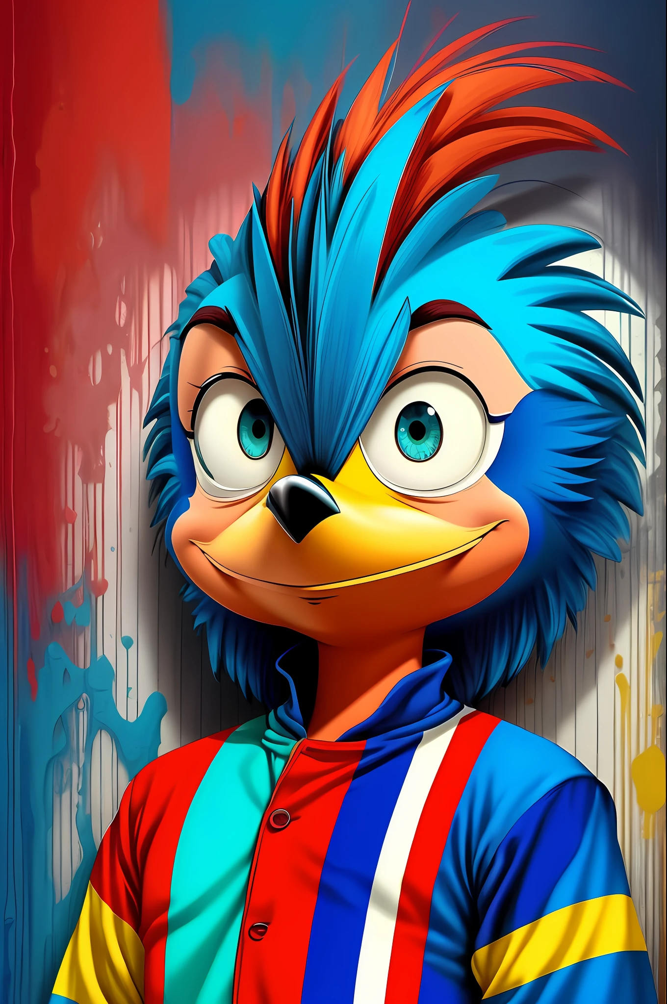 (Woody Woodpecker Character Bird), de (Walter Lantz) stylized identical to 1972 |)), acolchoamento ,multidimensional geometric wall PORTRAIT, arte, Chibi, Yang016K, lindo,(( Predominant red coloration ,azul e branco)) Primary works, qualidade superior, melhor qualidade, Arte Oficial, Beautiful and Aesthetic,), Eduardo Kobra acolchoamento ,multidimensional geometric wall PORTRAIT, arte, Chibo,detalhes