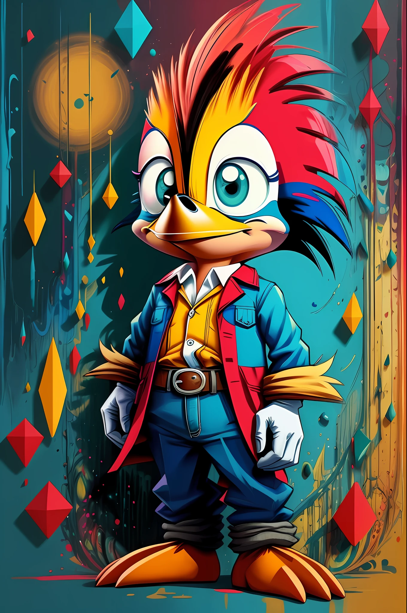 (Woody Woodpecker Character Bird), de (Walter Lantz) stylized identical to 1972 |)), acolchoamento ,multidimensional geometric wall PORTRAIT, arte, Chibi, Yang016K, lindo,(( Predominant red coloration ,azul e branco)) Primary works, qualidade superior, melhor qualidade, Arte Oficial, Beautiful and Aesthetic,), Eduardo Kobra acolchoamento ,multidimensional geometric wall PORTRAIT, arte, Chibo,detalhes