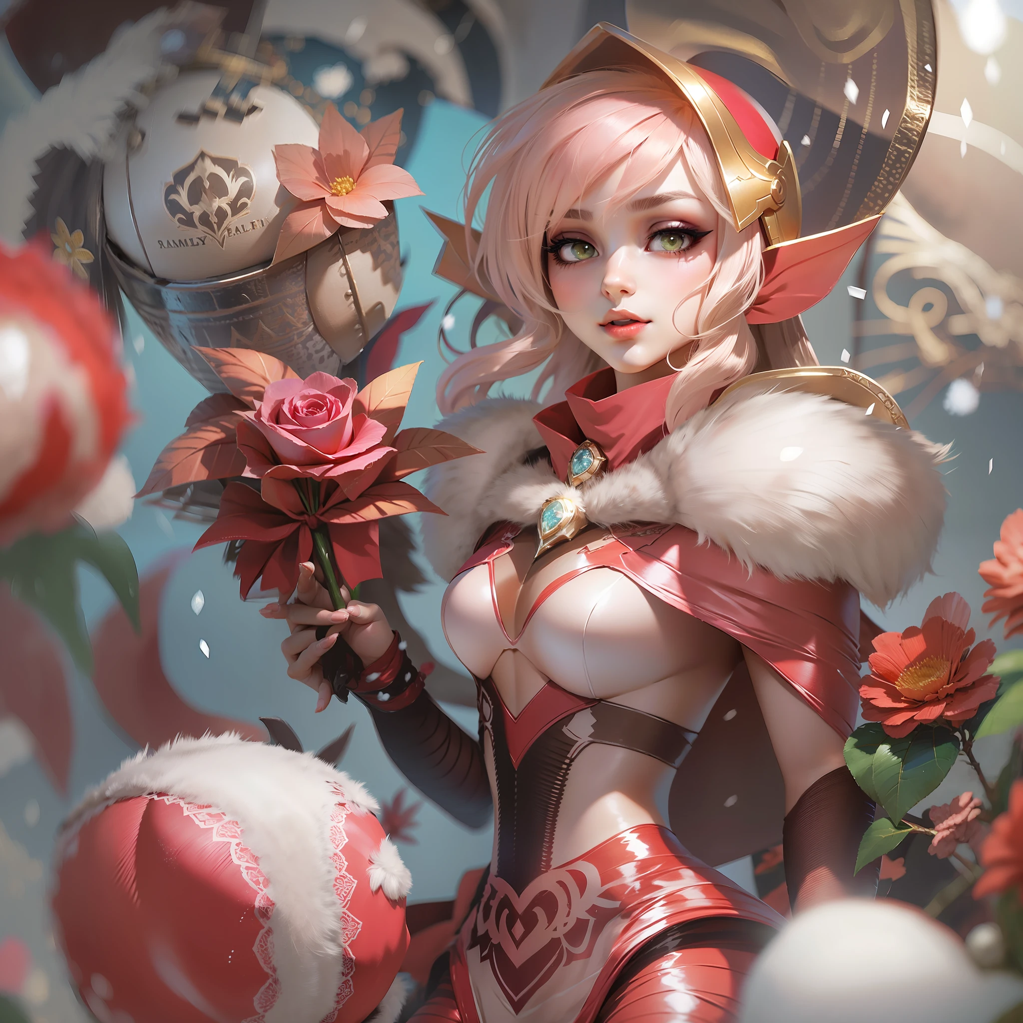 a close up of a cartoon character holding a snowball, of a ramlethal valentine, elf girl, annie from league of legends, miss fortune, samira from league of legends, amy rose red dress, from league of legends, shining pink armor, krenz cushart and artgerm, from overwatch, elf girl wearing an flower suit, vivy