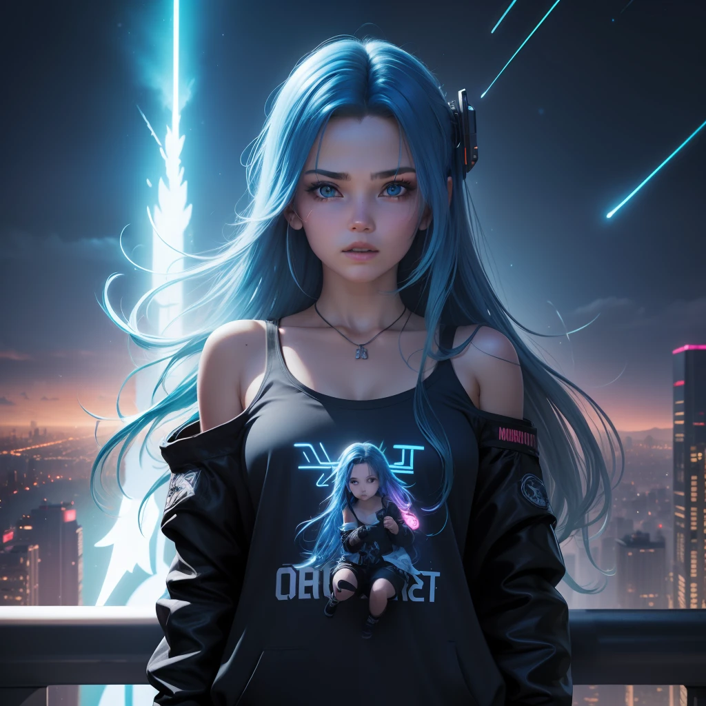 (masterpiece), best quality, ultra high res, girl, cyberpunk 1girl flying above stunning cityscape ,hoodie,blue hair,  neon color shooting stars, very long hair, off shoulder, feather hair ornament, neon colors, flashes, stunning night sky, cinematic lighting, photorealistic, realistic skin, HDR,fisheye