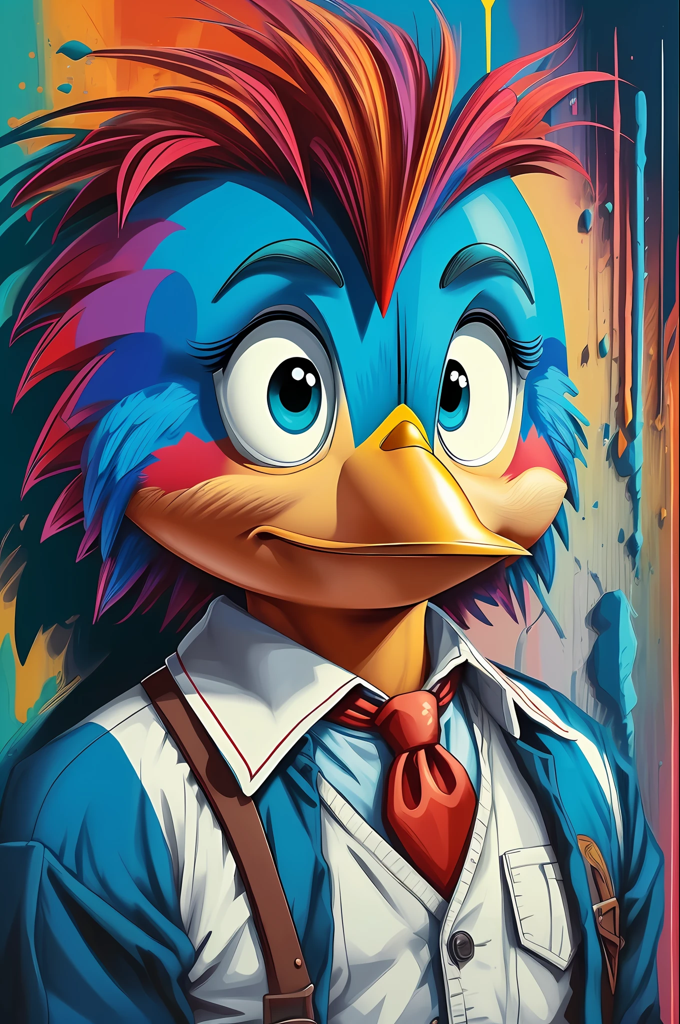 (Woody Woodpecker Character Bird), de (Walter Lantz) stylized identical to 1972 |)), acolchoamento ,multidimensional geometric wall PORTRAIT, arte, Chibi, Yang016K, lindo,(( Predominant red coloration ,azul e branco)) Primary works, qualidade superior, melhor qualidade, Arte Oficial, Beautiful and Aesthetic,), Eduardo Kobra acolchoamento ,multidimensional geometric wall PORTRAIT, arte, Chibo,detalhes