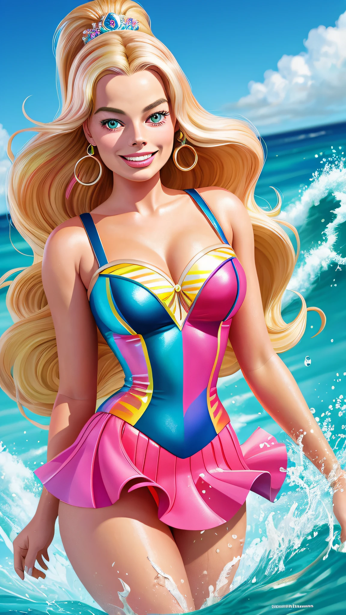 Beautiful Graphic illustration of happy (Margot Robbie as Barbie) splash colors, graphic design. digital art